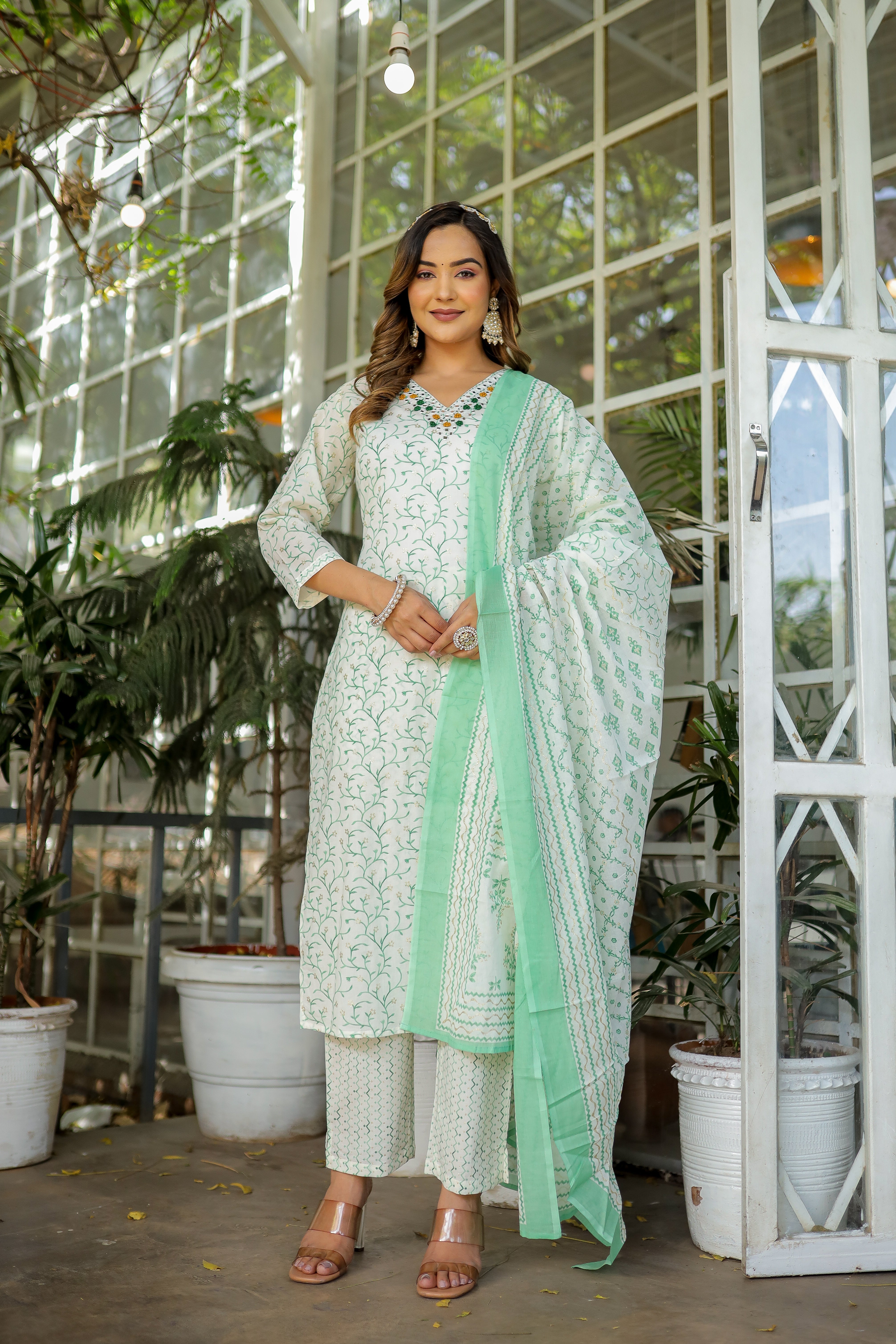 Women's Green Printed On Cream Hand Work Cotton Kurta Set With Dupatta - Benaaz