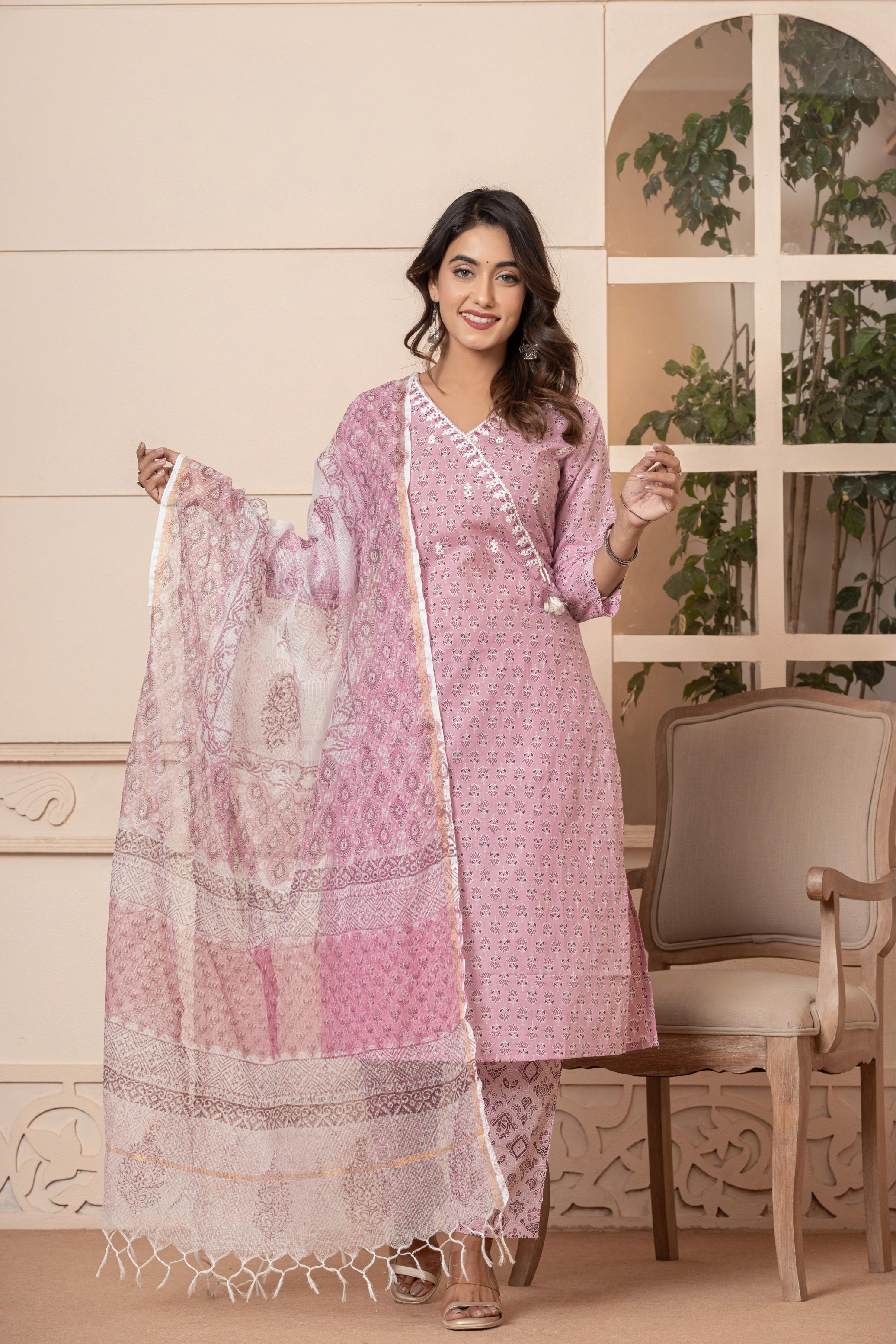 Women's Baby Pink Embroidered Cotton Kurta Set With Dupatta-Benaaz