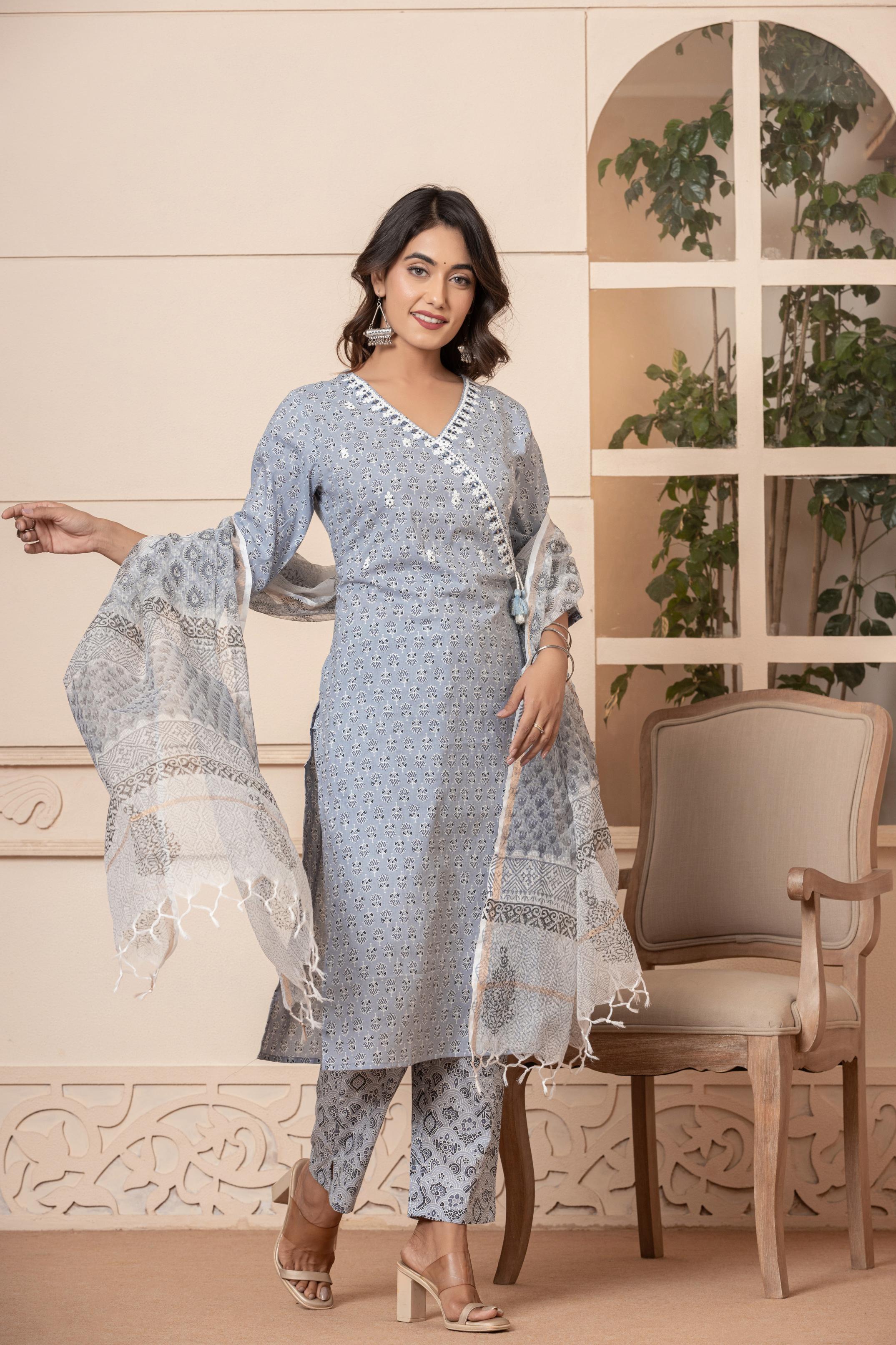 Women's Grey Embroidered Cotton Kurta Set With Dupatta-Benaaz