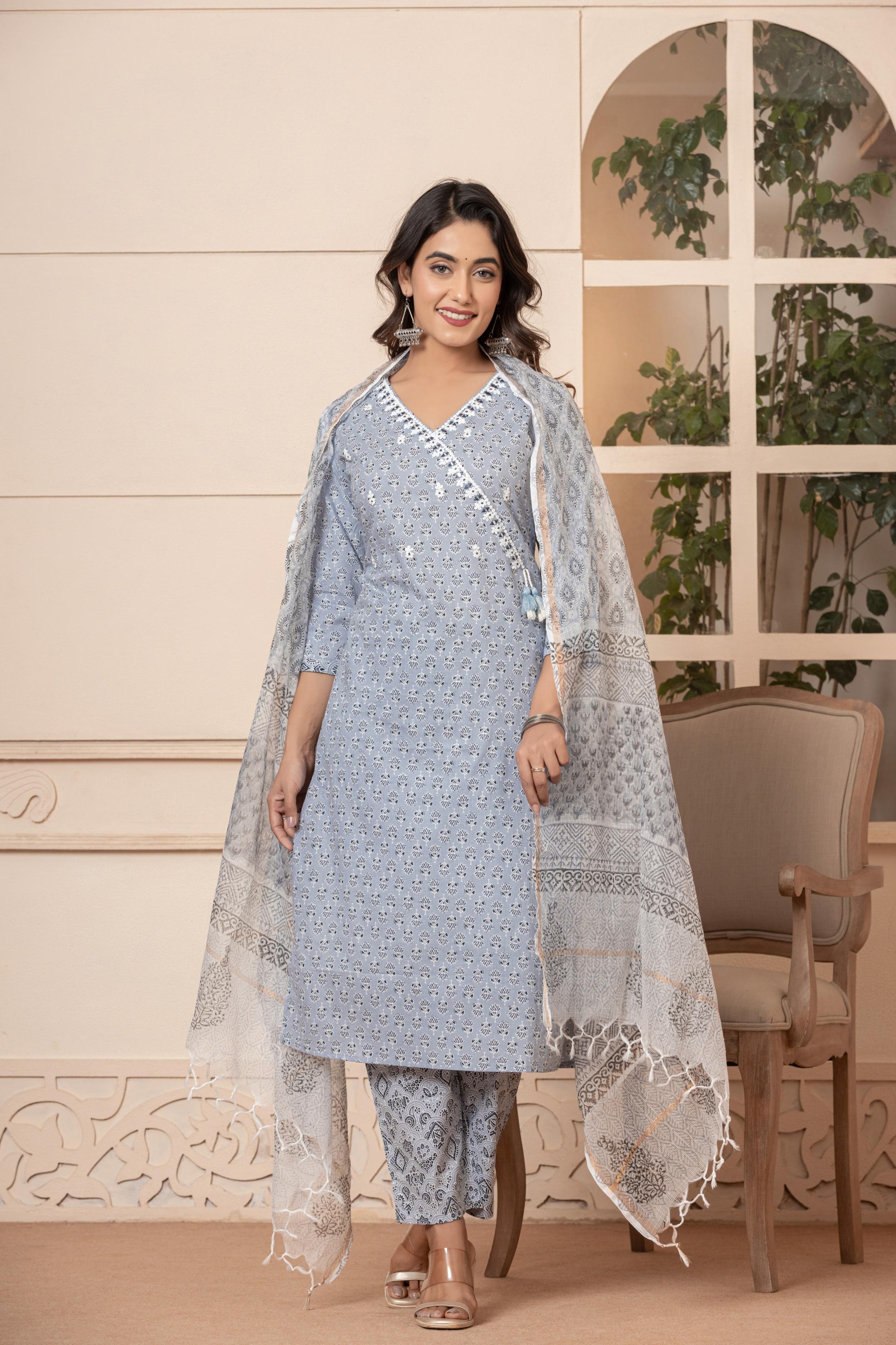 Women's Grey Embroidered Cotton Kurta Set With Dupatta-Benaaz