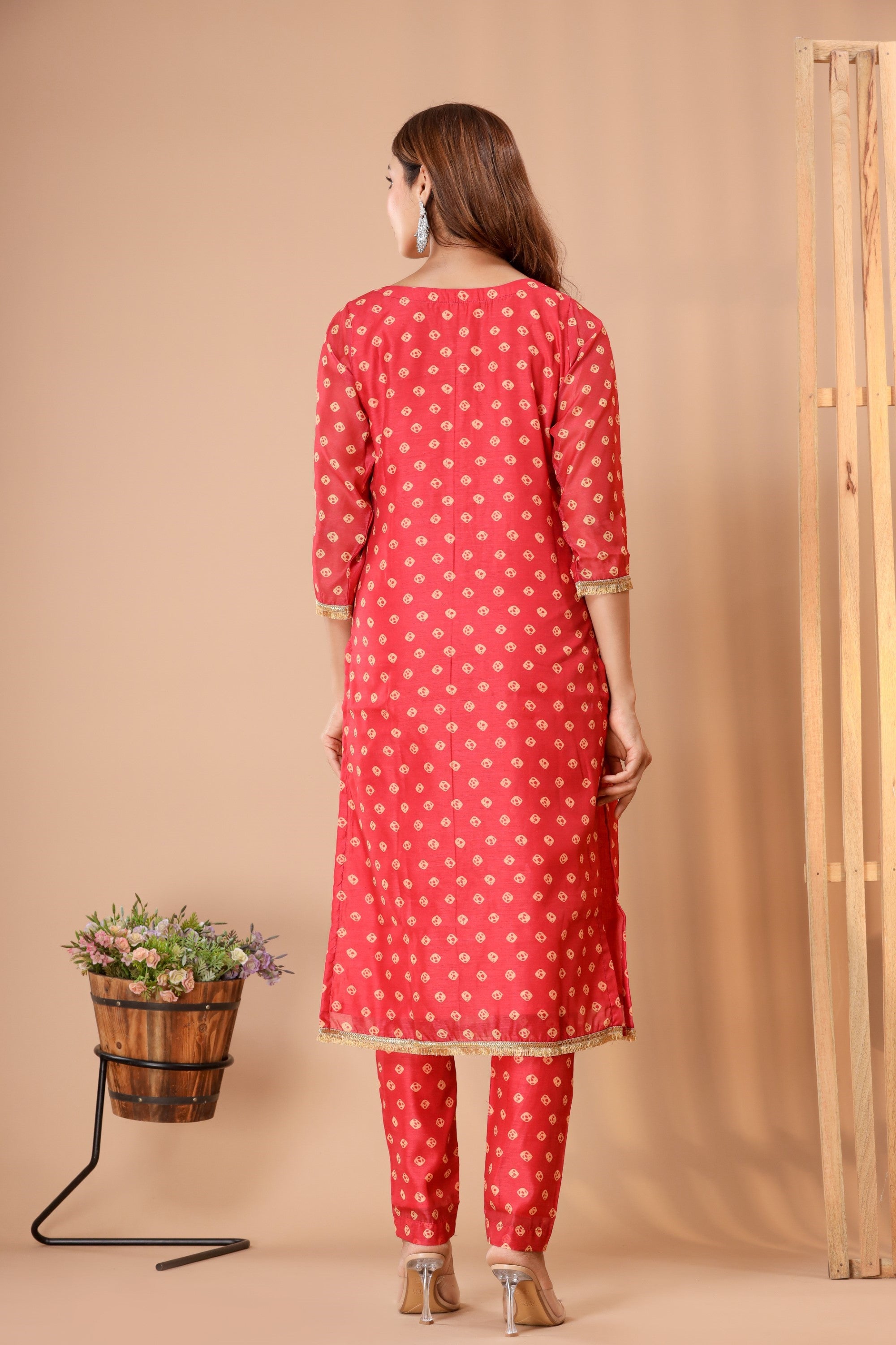 Women's Red Bandhej Suit Set - Saras The Label