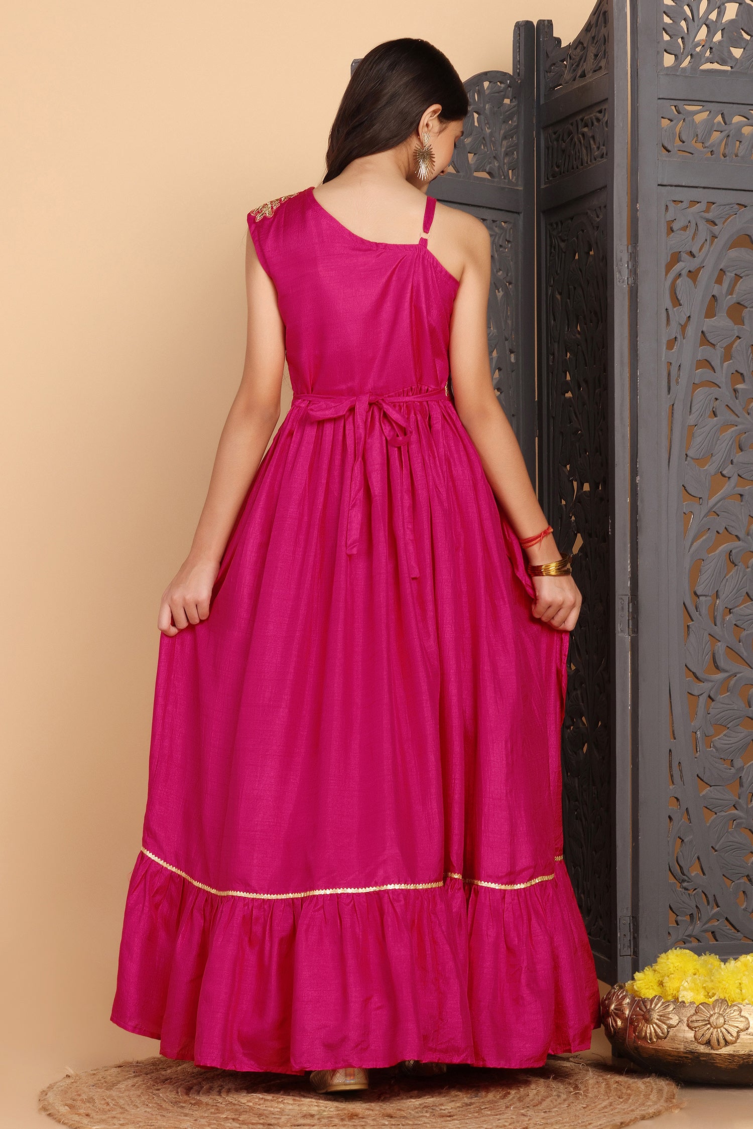 Girl's Rani Pink Dola Silk One Shoulder Maxi Dresses - Fashion Dream