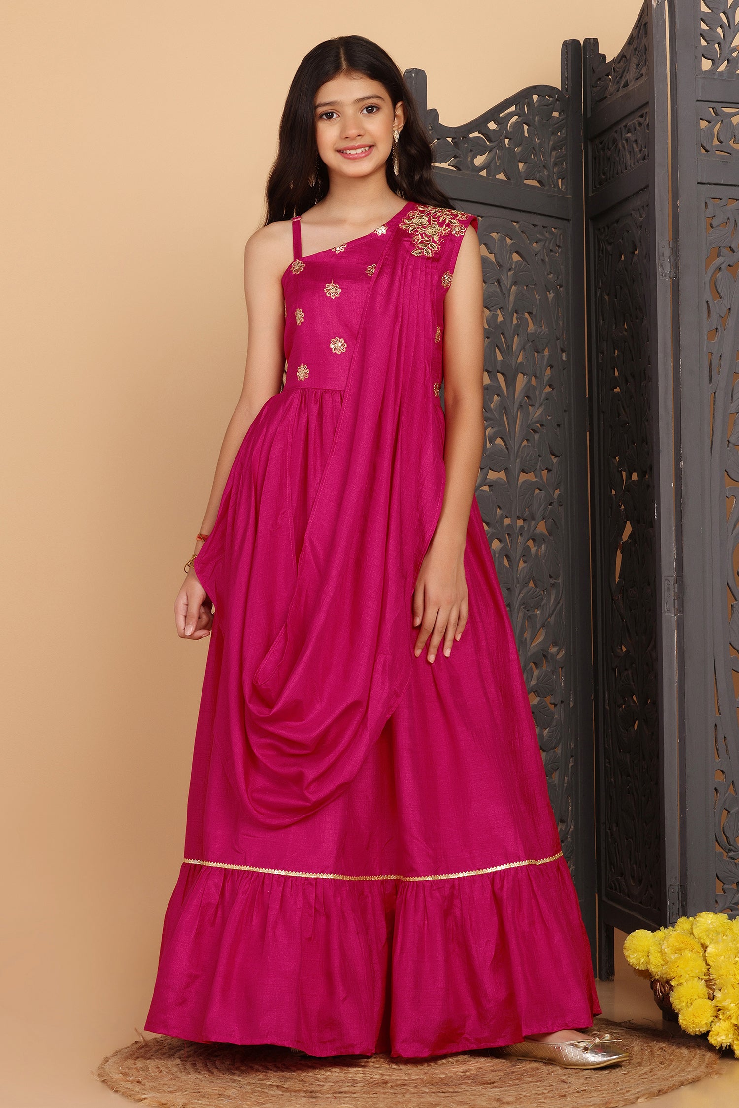 Girl's Rani Pink Dola Silk One Shoulder Maxi Dresses - Fashion Dream