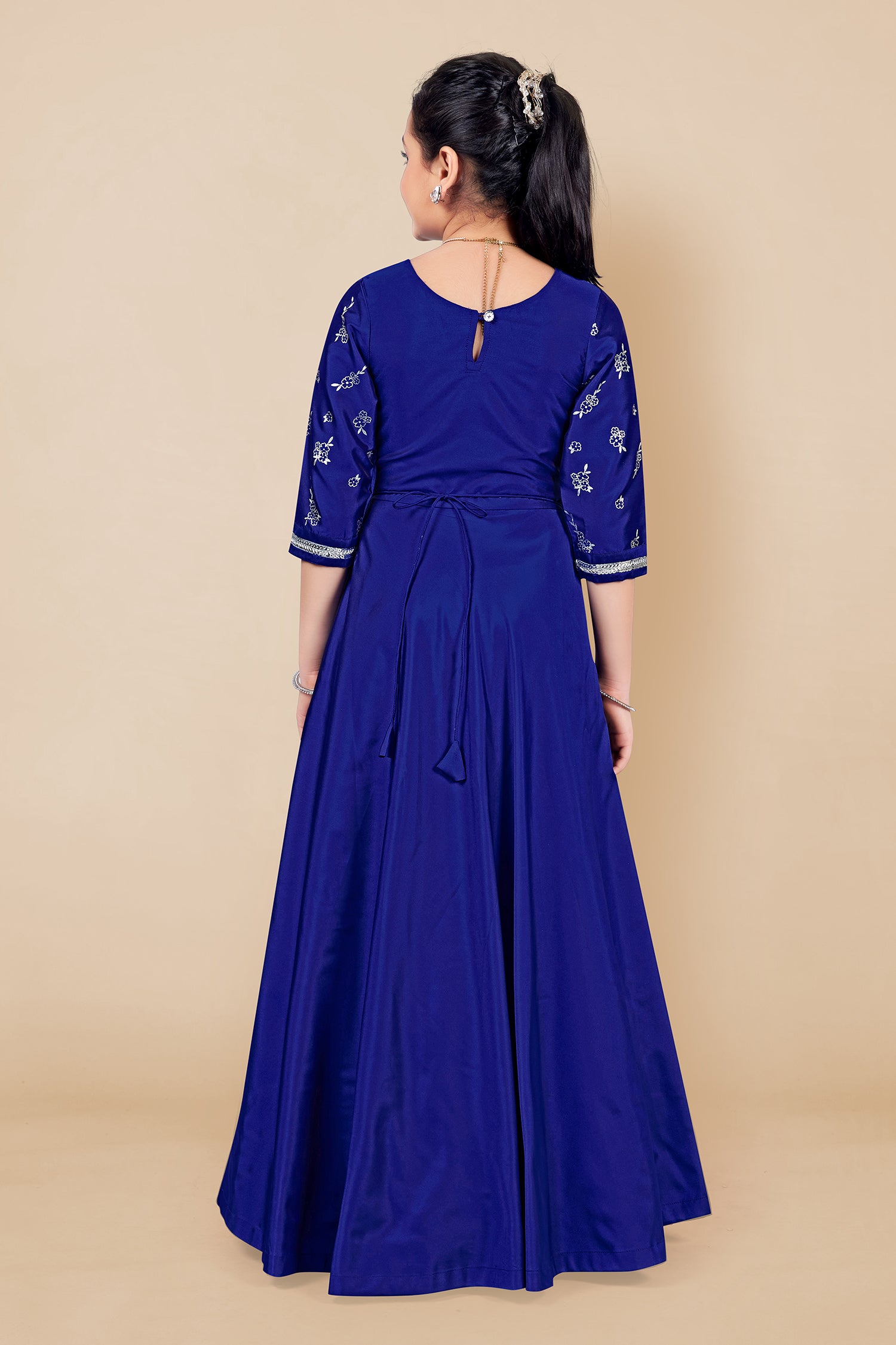 Girl's Blue Taffeta Maxi Length Foil Printed Dresses - Fashion Dream