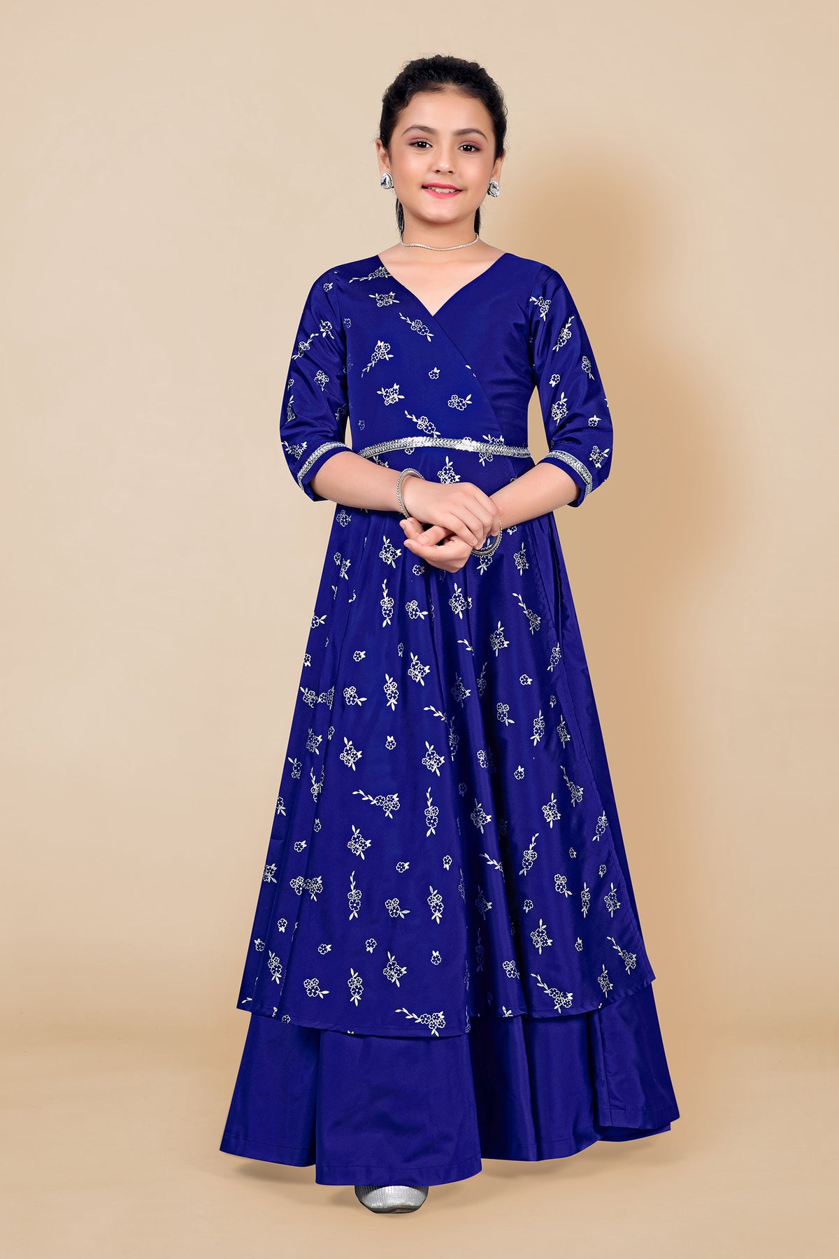 Girl's Blue Taffeta Maxi Length Foil Printed Dresses