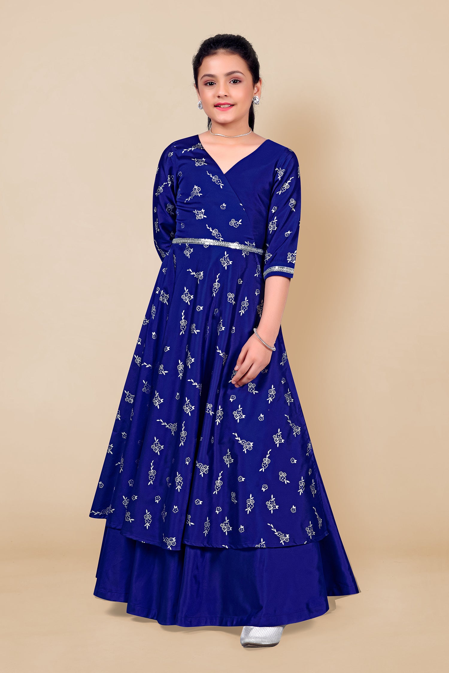 Girl's Blue Taffeta Maxi Length Foil Printed Dresses - Fashion Dream