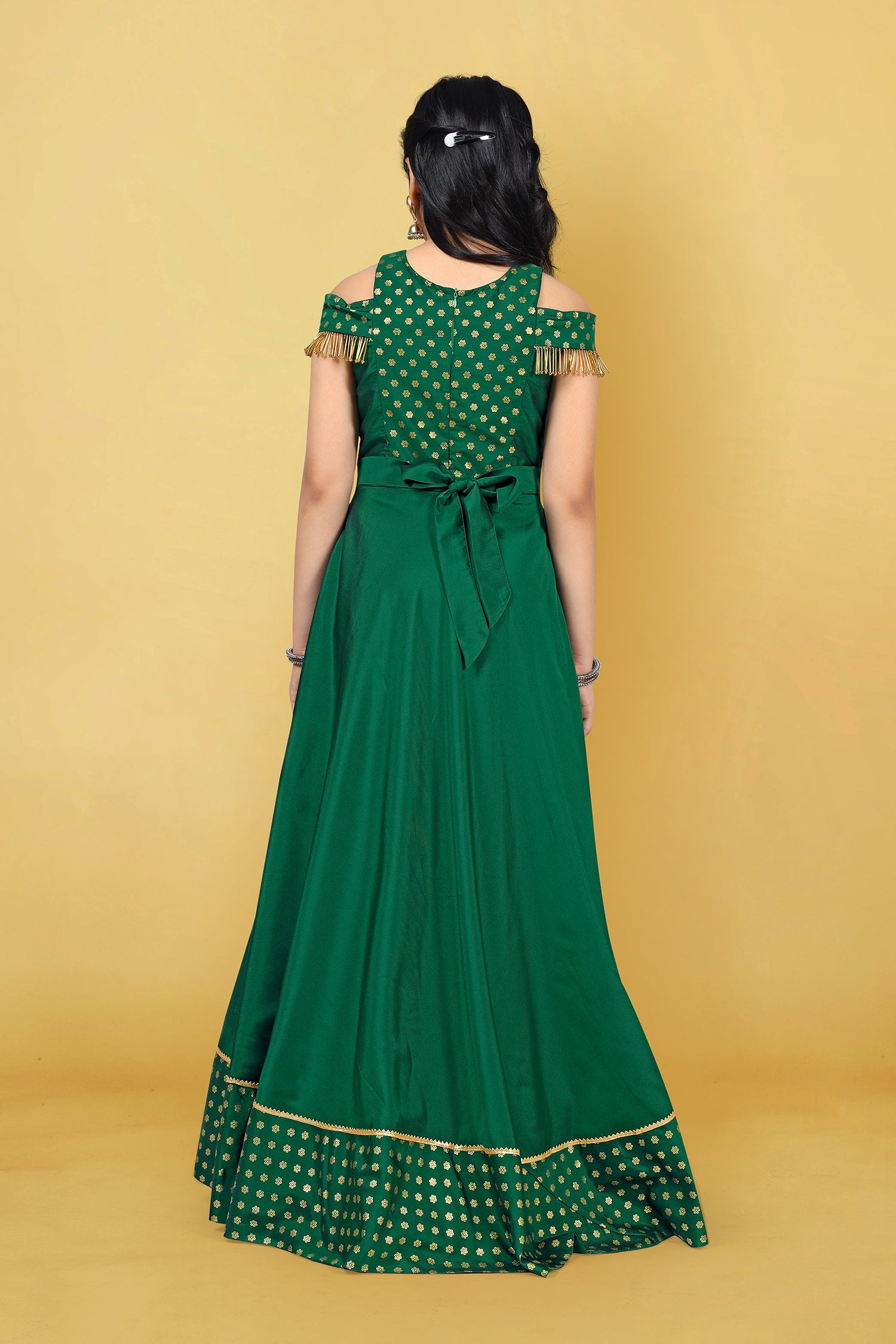 Girl's Green Taffeta Foil Printed Fit And Flared Maxi Dress - Fashion Dream