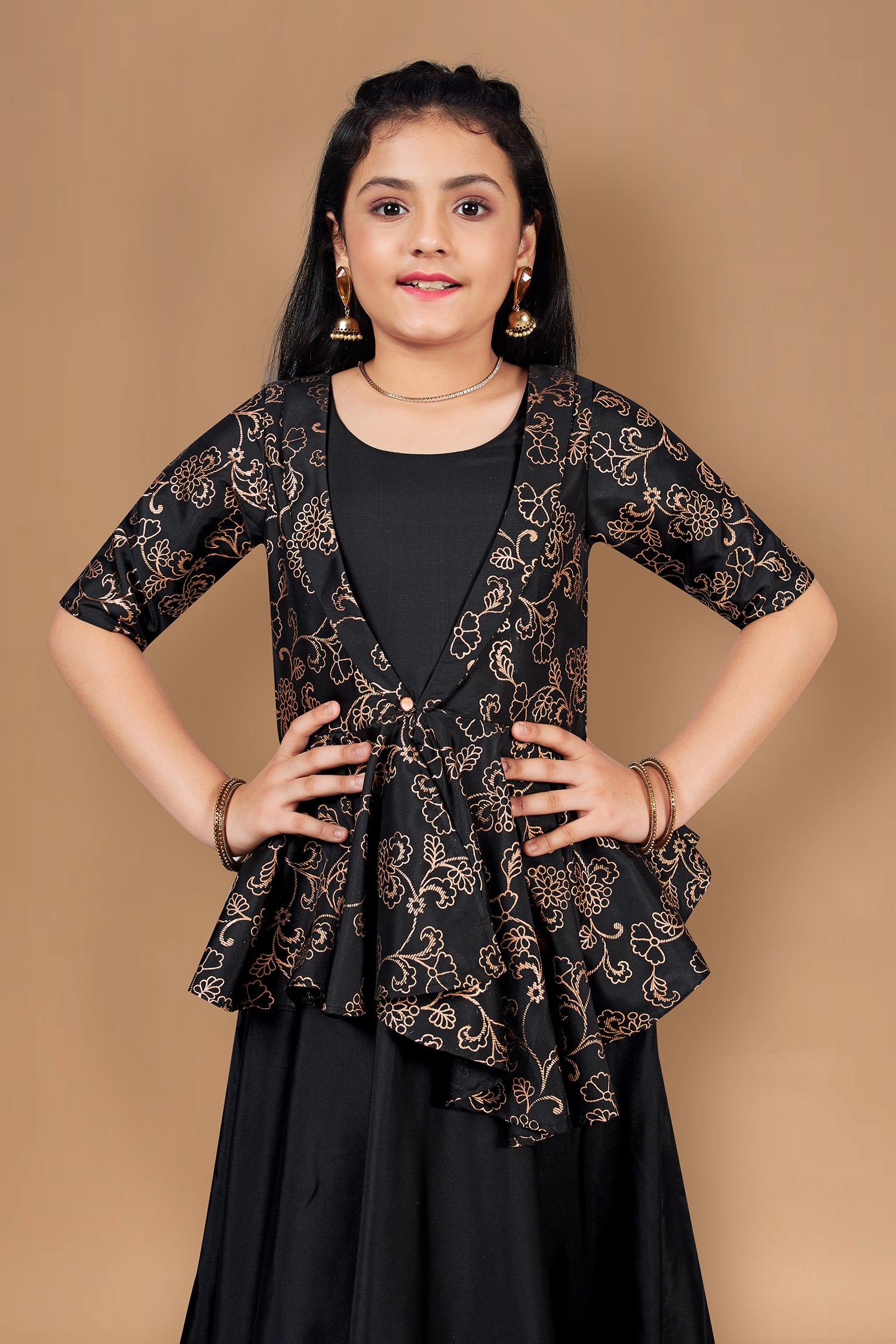 Girl's Black Solid Maxi Dress With Attached Foil Printed Asymmetric Shrug - Fashion Dream