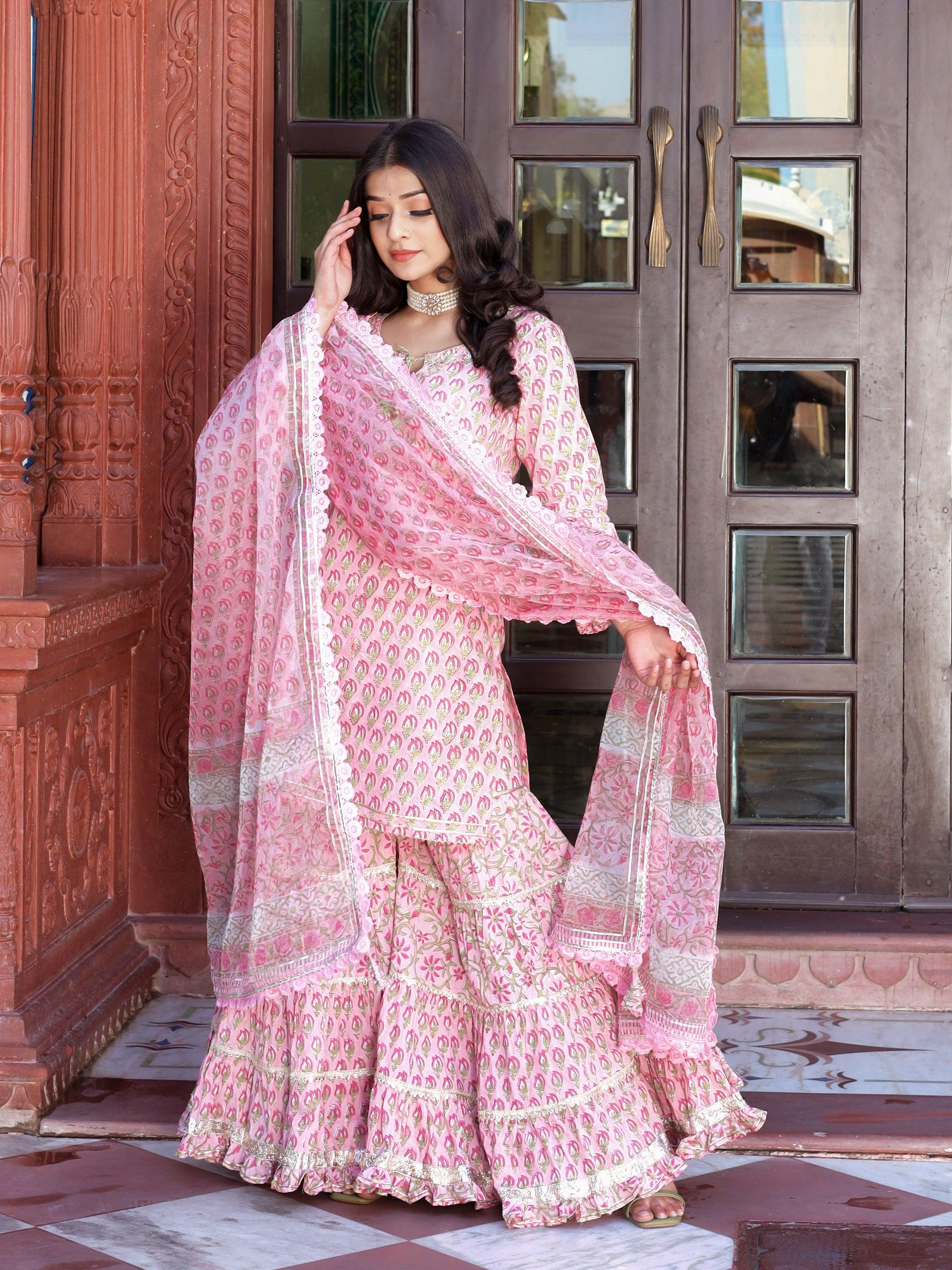 Women's Pink Floral Hand Block Printed Kurta Sharara Set with Dupatta - Taantav