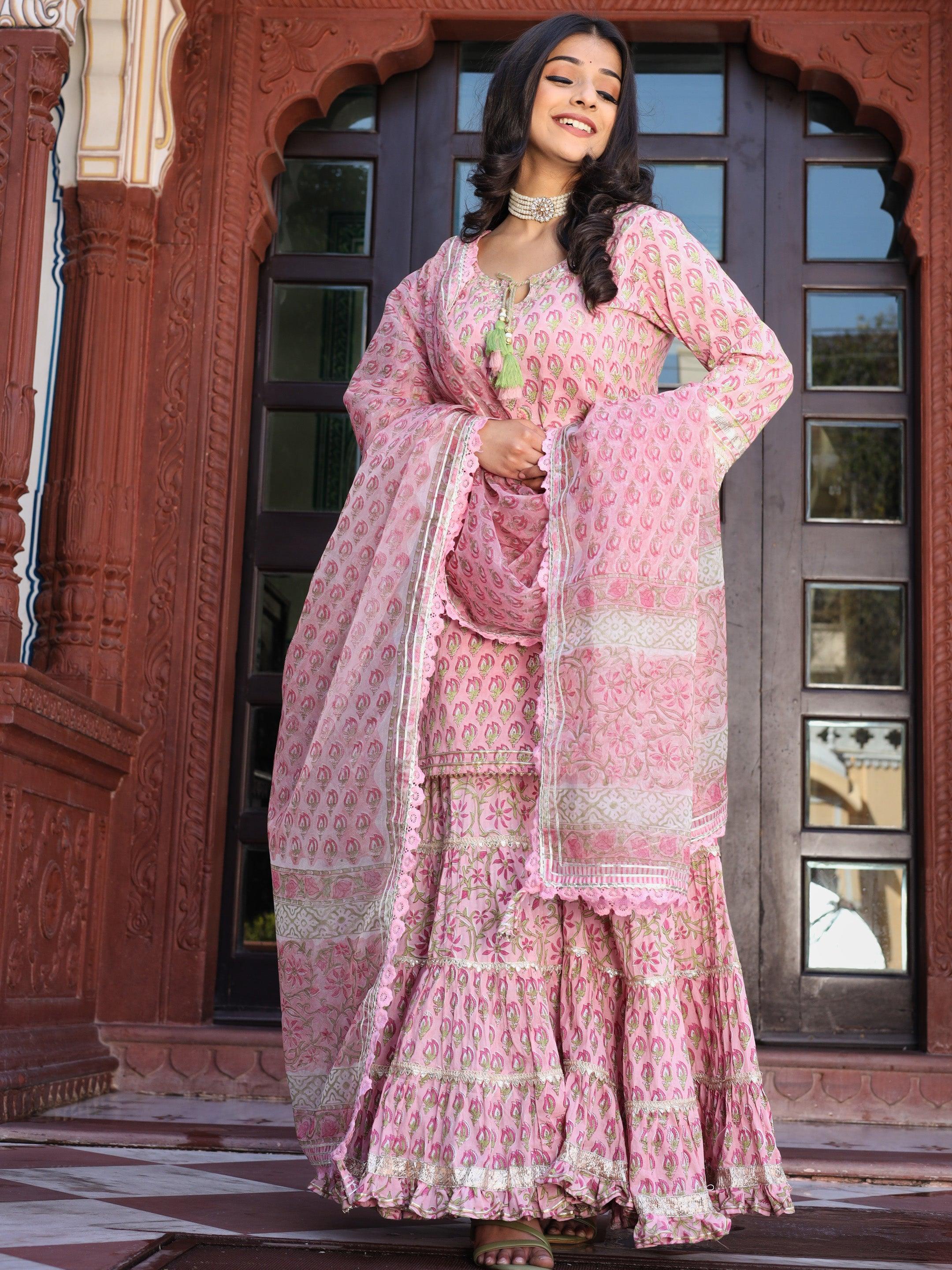 Women's Pink Floral Hand Block Printed Kurta Sharara Set with Dupatta - Taantav