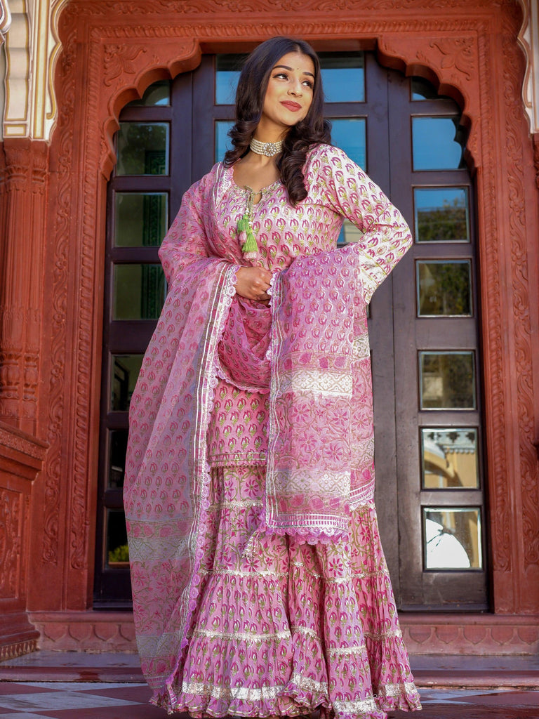 Women's Pink Floral Hand Block Printed Kurta Sharara Set with Dupatta