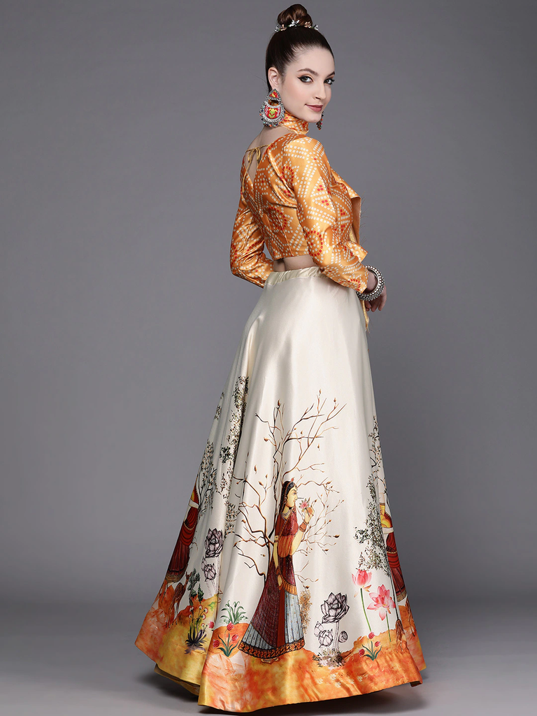 Women's Ethnic Motifs Digital Print Shiney Satin Croptop Lehenga Choli With Unstitched Blouse