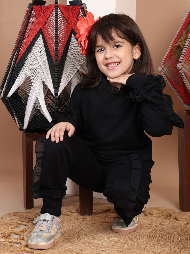Girl's Black Pure Cotton Solid Co-Ord Set