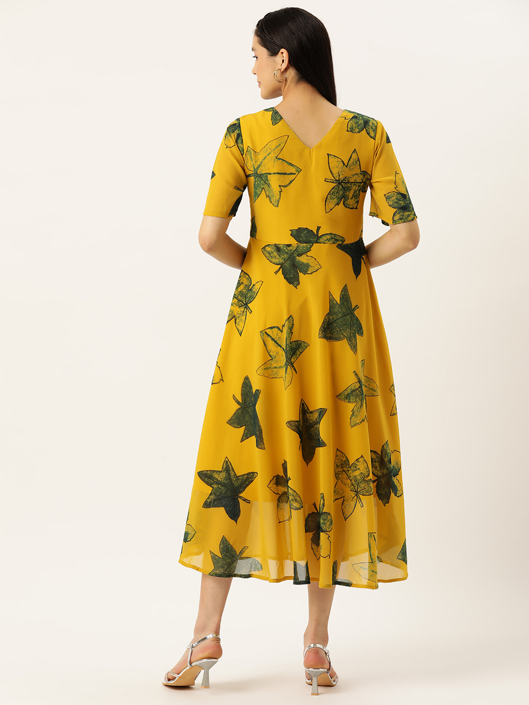 Women's V-Neck Ethnic Dress Yellow Dress - VAABA USA