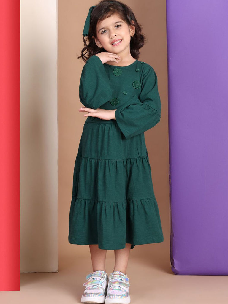 Girl's Green Cotton Solid Dress