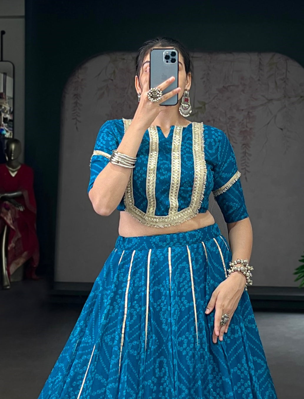 Women's Teal Chiffon Bandhej Print With Sequins Lace Touch Up Lehenga Set