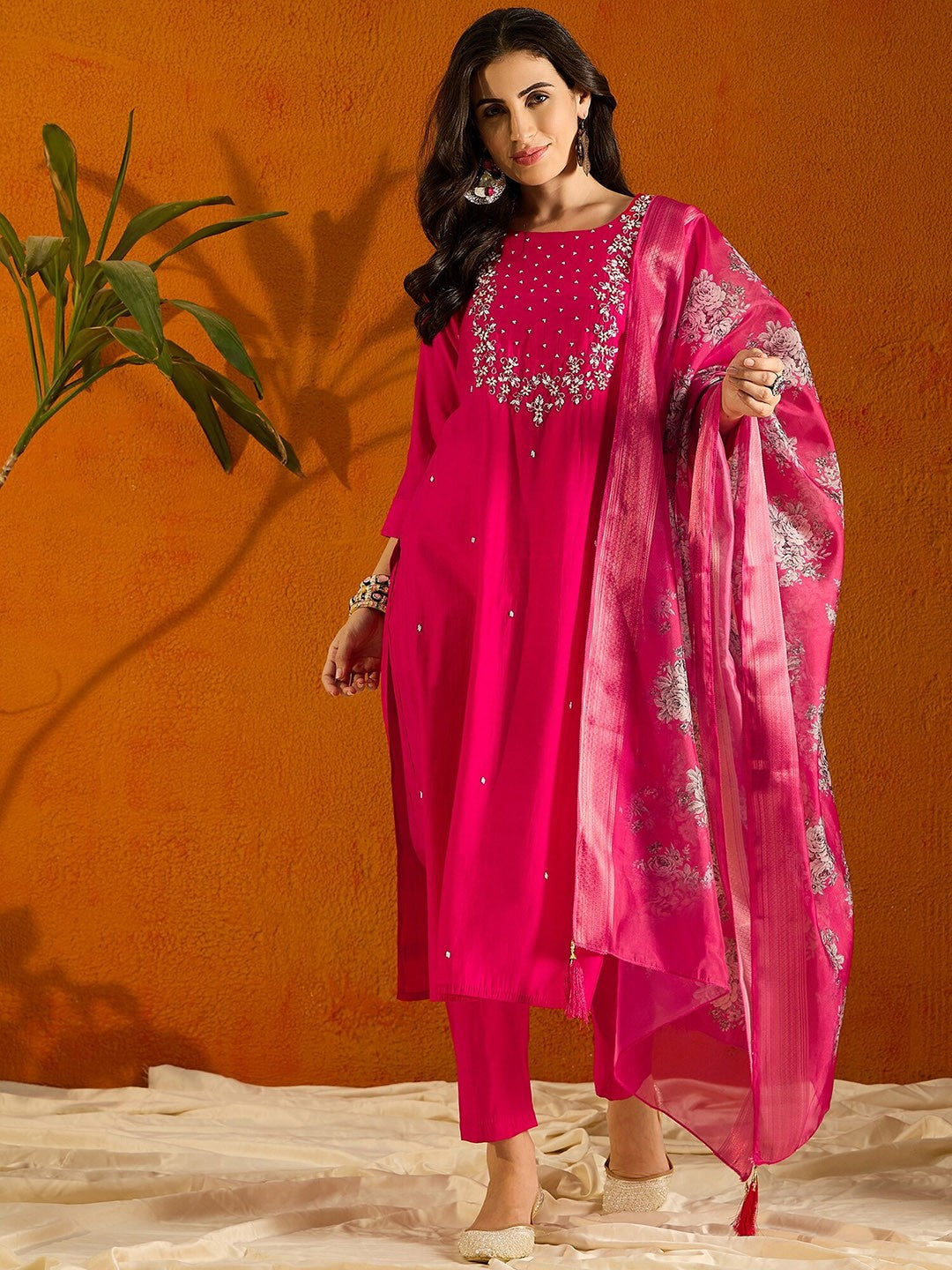 Women's Round Neck Embroidered Work Viscose Rayon Fabric Kurta & Pant With Dupatta Set - Taantav