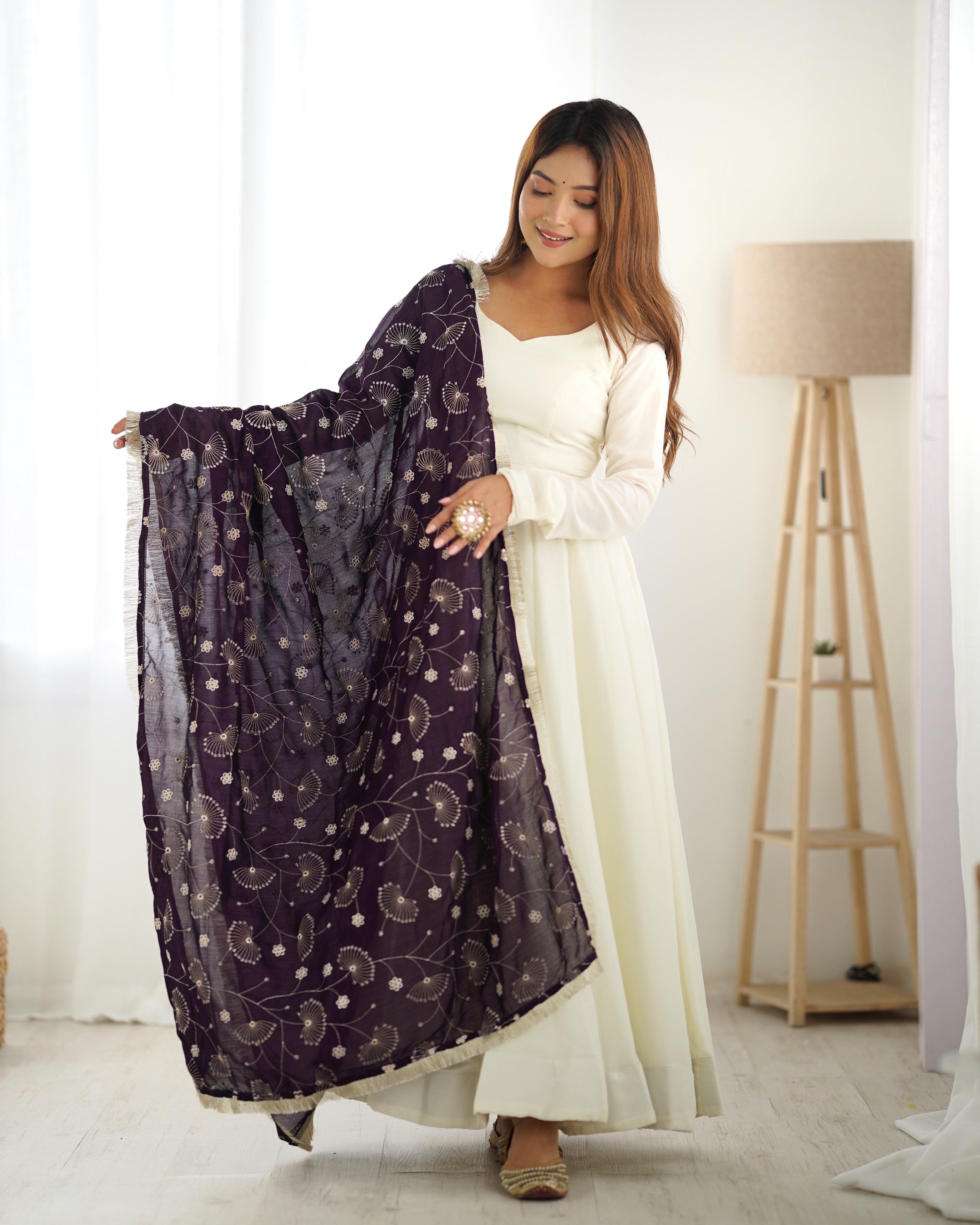 Women's Purple *Anarkali Fabric*:?? Heavy Pure Soft Vichitra Silk Fabrics Zari Sequence Embroidery Anarkali Set