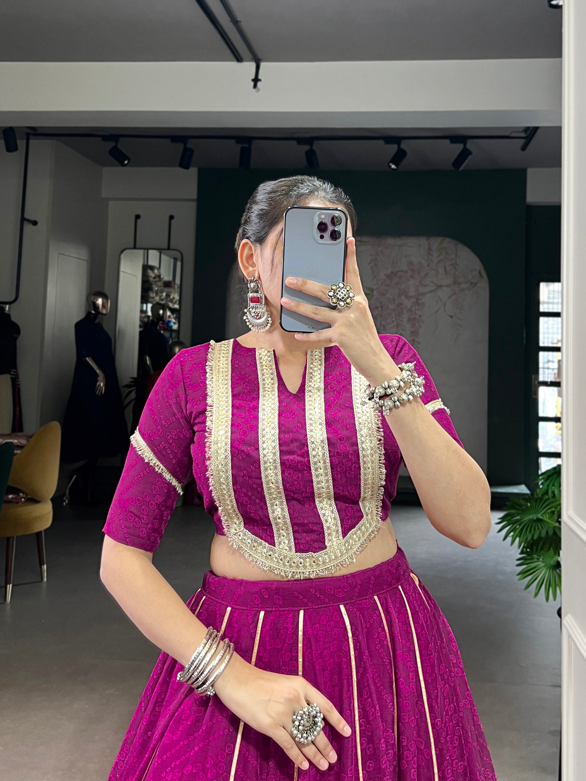 Women's Rani Pink Chiffon Bandhej Print With Sequins Lace Touch Up Lehenga Set