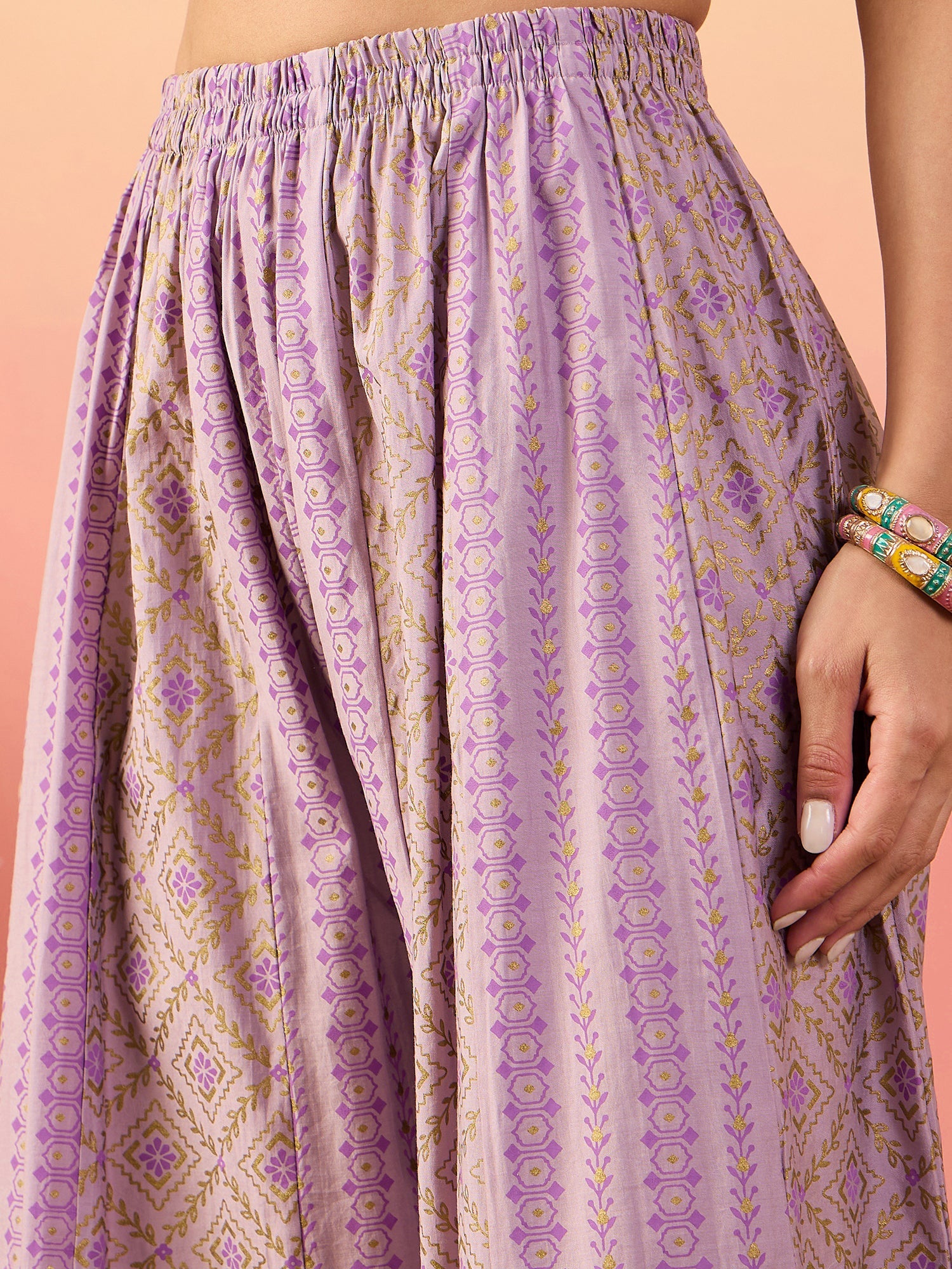 Women's Lavender Roman Silk Blend Ethnic Motifs Embroidered Mirror Work Kurta With Palazzo & Dupatta