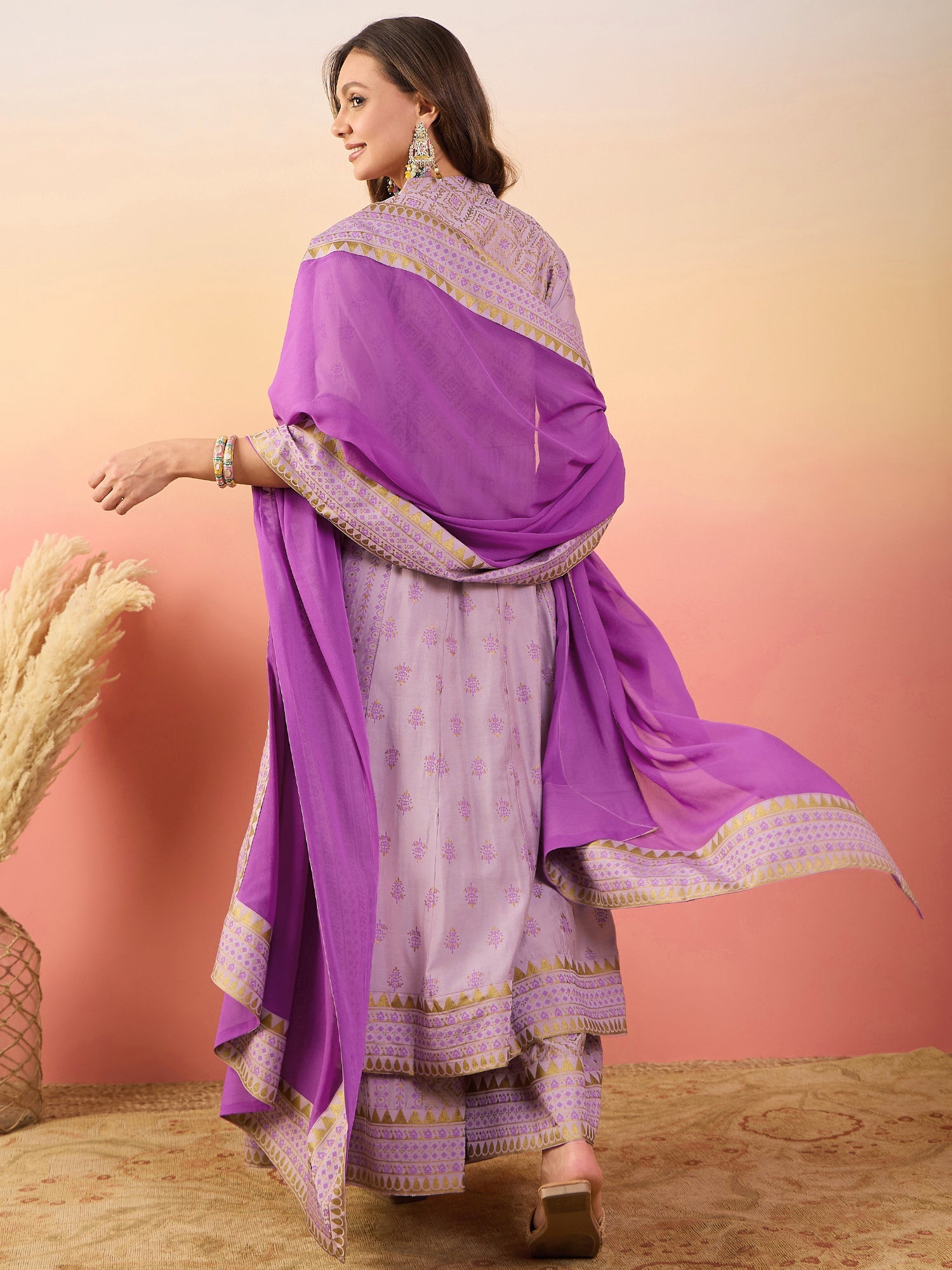 Women's Lavender Roman Silk Blend Ethnic Motifs Embroidered Mirror Work Kurta With Palazzo & Dupatta