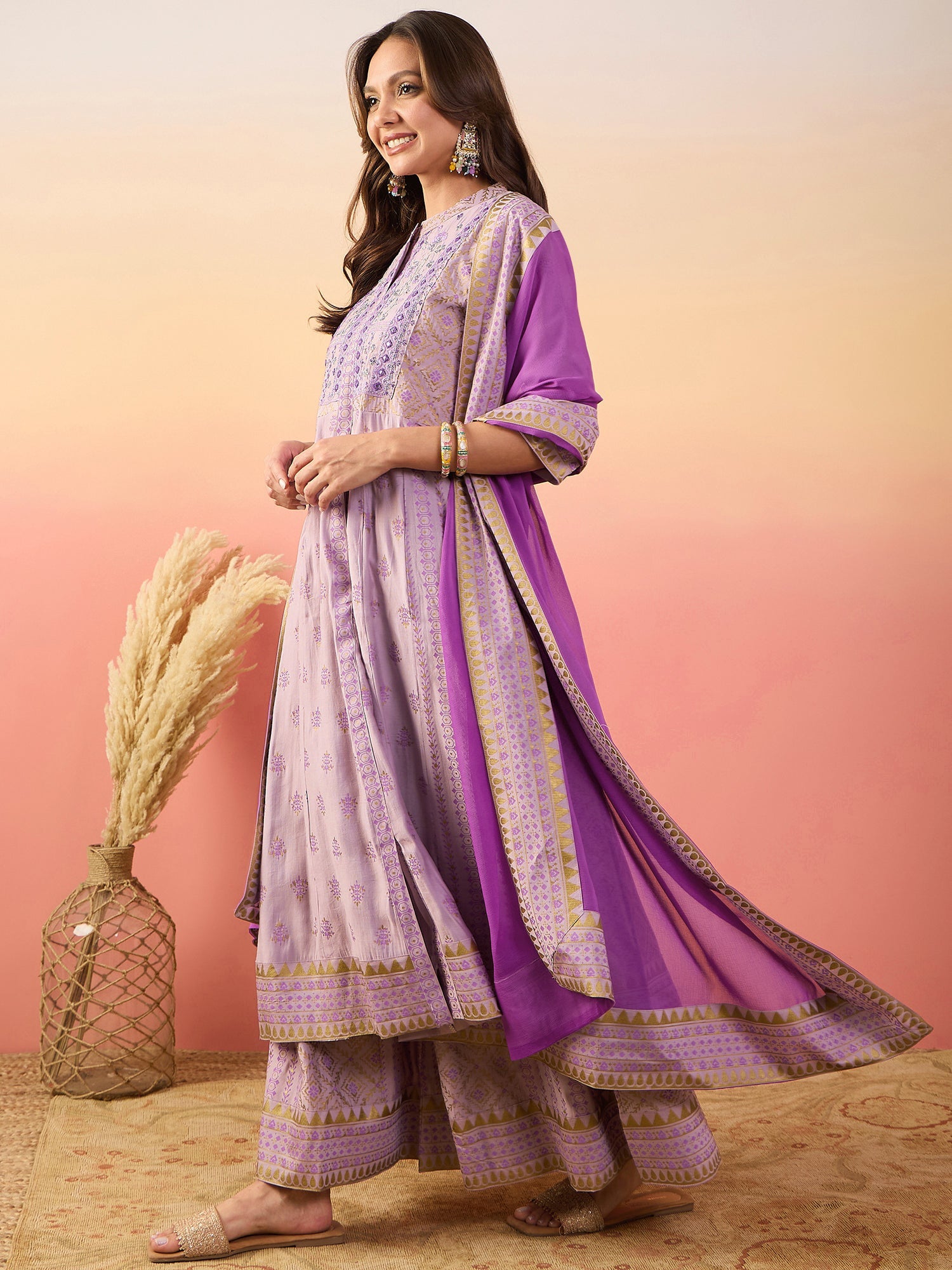 Women's Lavender Roman Silk Blend Ethnic Motifs Embroidered Mirror Work Kurta With Palazzo & Dupatta