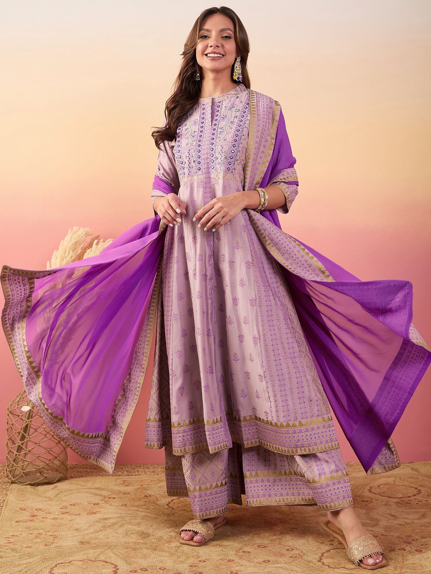 Women's Lavender Roman Silk Blend Ethnic Motifs Embroidered Mirror Work Kurta With Palazzo & Dupatta