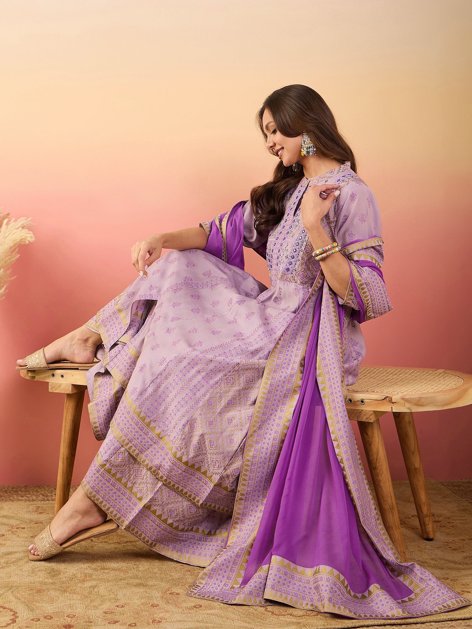 Women's Lavender Roman Silk Blend Ethnic Motifs Embroidered Mirror Work Kurta With Palazzo & Dupatta