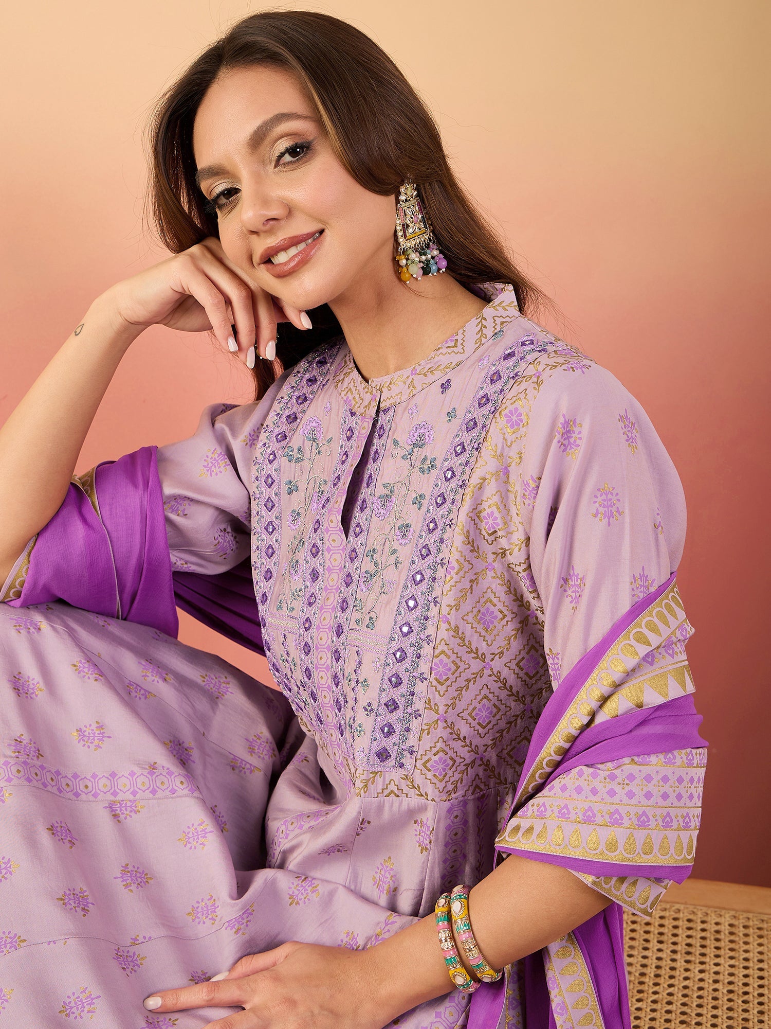 Women's Lavender Roman Silk Blend Ethnic Motifs Embroidered Mirror Work Kurta With Palazzo & Dupatta