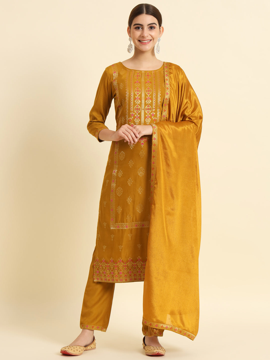 Women's Round Neck Gold Zari Woven Fabric Kurta Trouser And Dupatta Set - Taantav