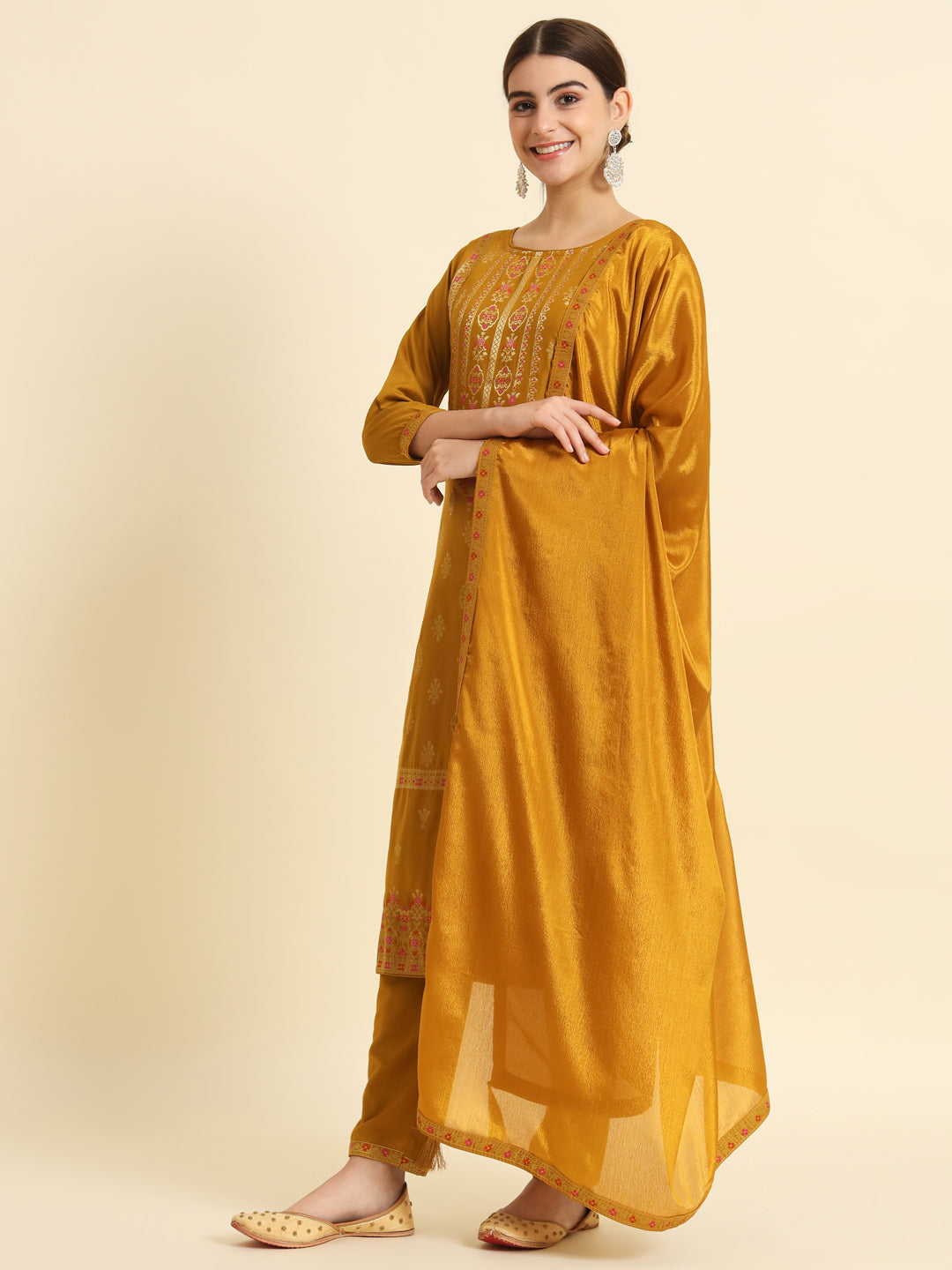 Women's Round Neck Gold Zari Woven Fabric Kurta Trouser And Dupatta Set - Taantav