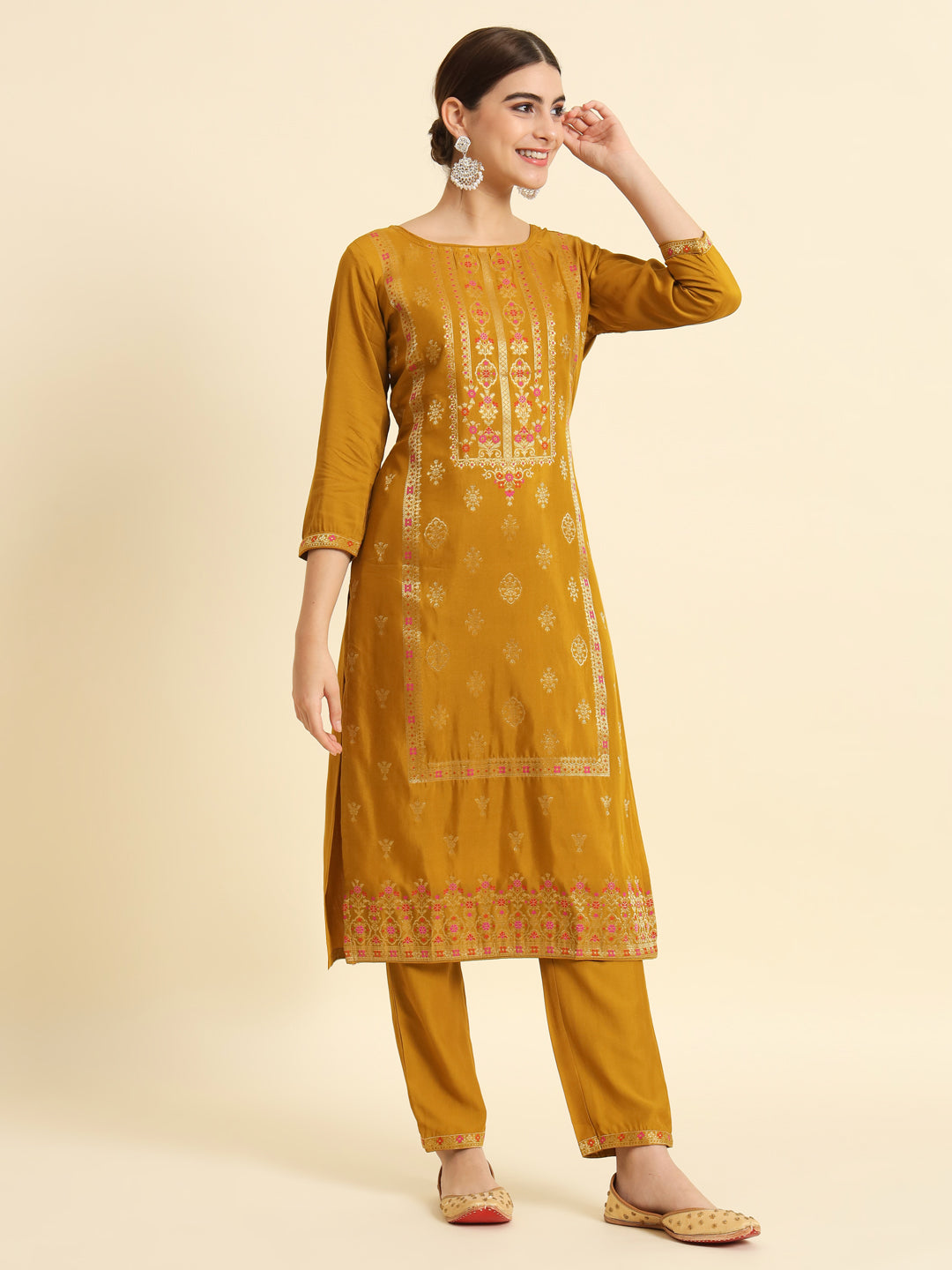 Women's Round Neck Gold Zari Woven Fabric Kurta Trouser And Dupatta Set - Taantav