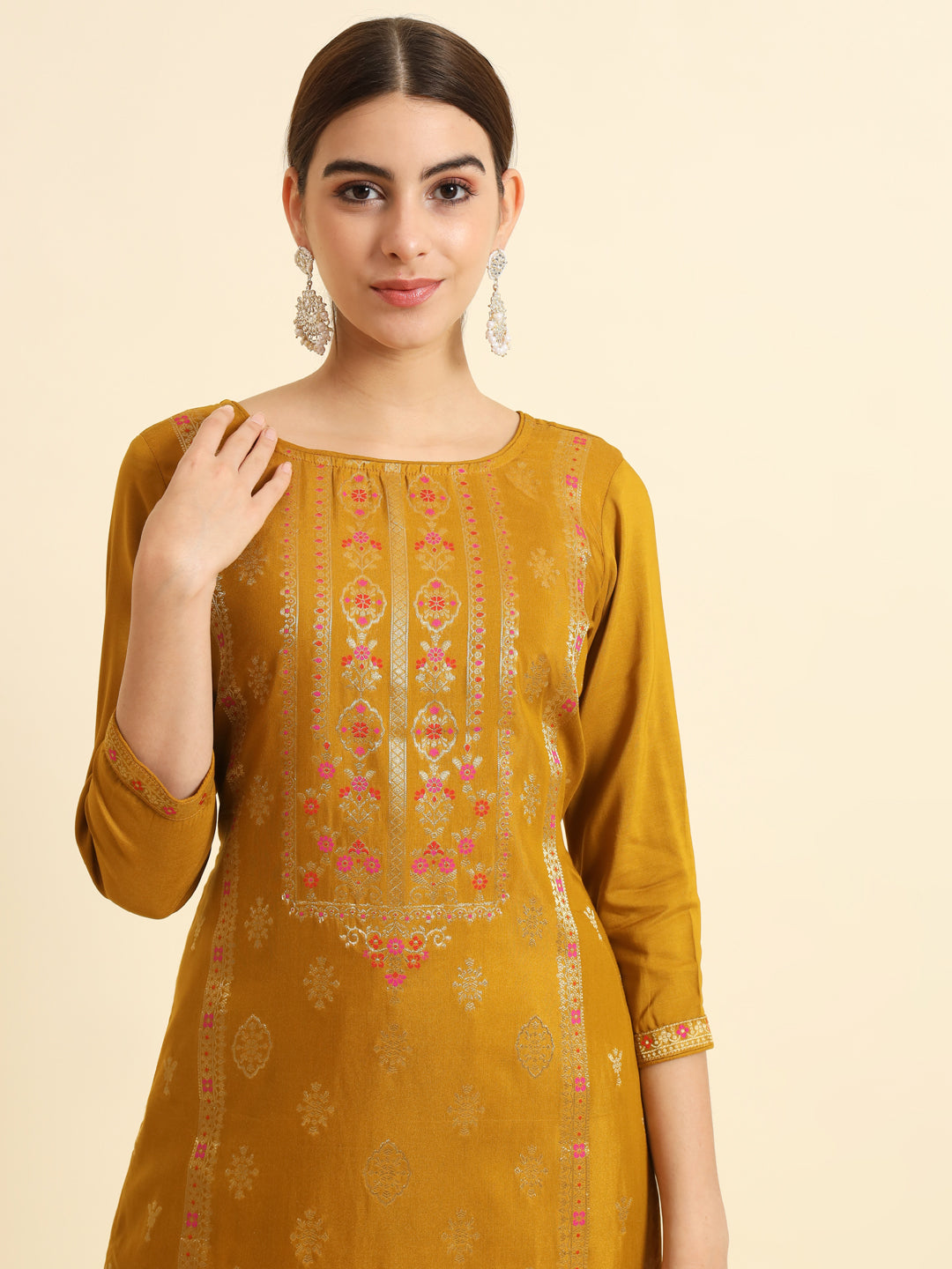 Women's Round Neck Gold Zari Woven Fabric Kurta Trouser And Dupatta Set - Taantav