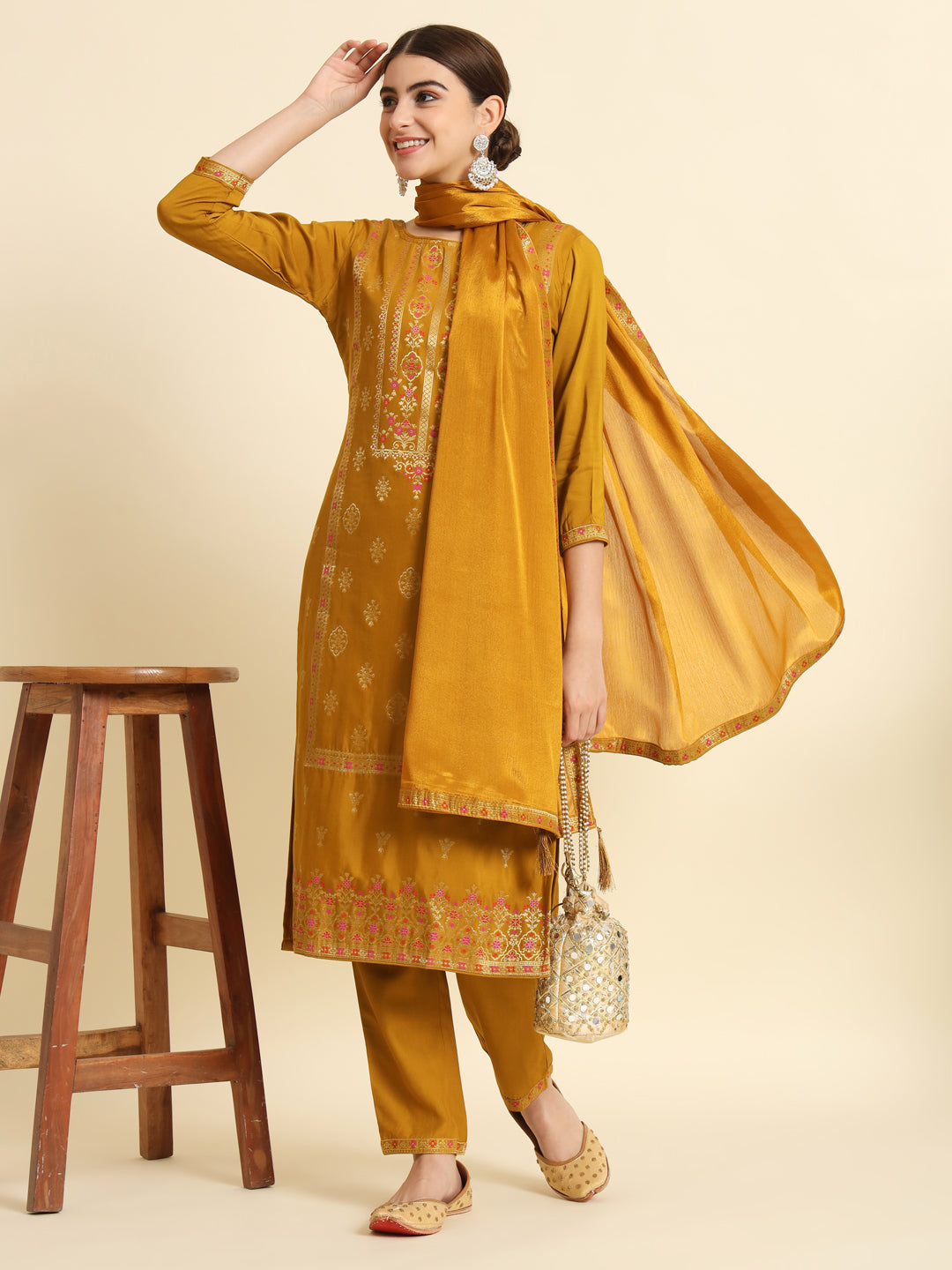 Women's Round Neck Gold Zari Woven Fabric Kurta Trouser And Dupatta Set - Taantav