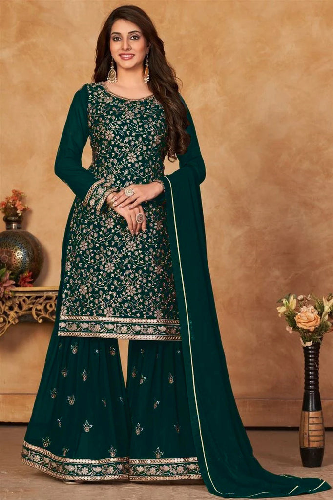 Women's Ethnic  Wear Embroidery Pakistani Style Kurta Sharara And Dupatta
