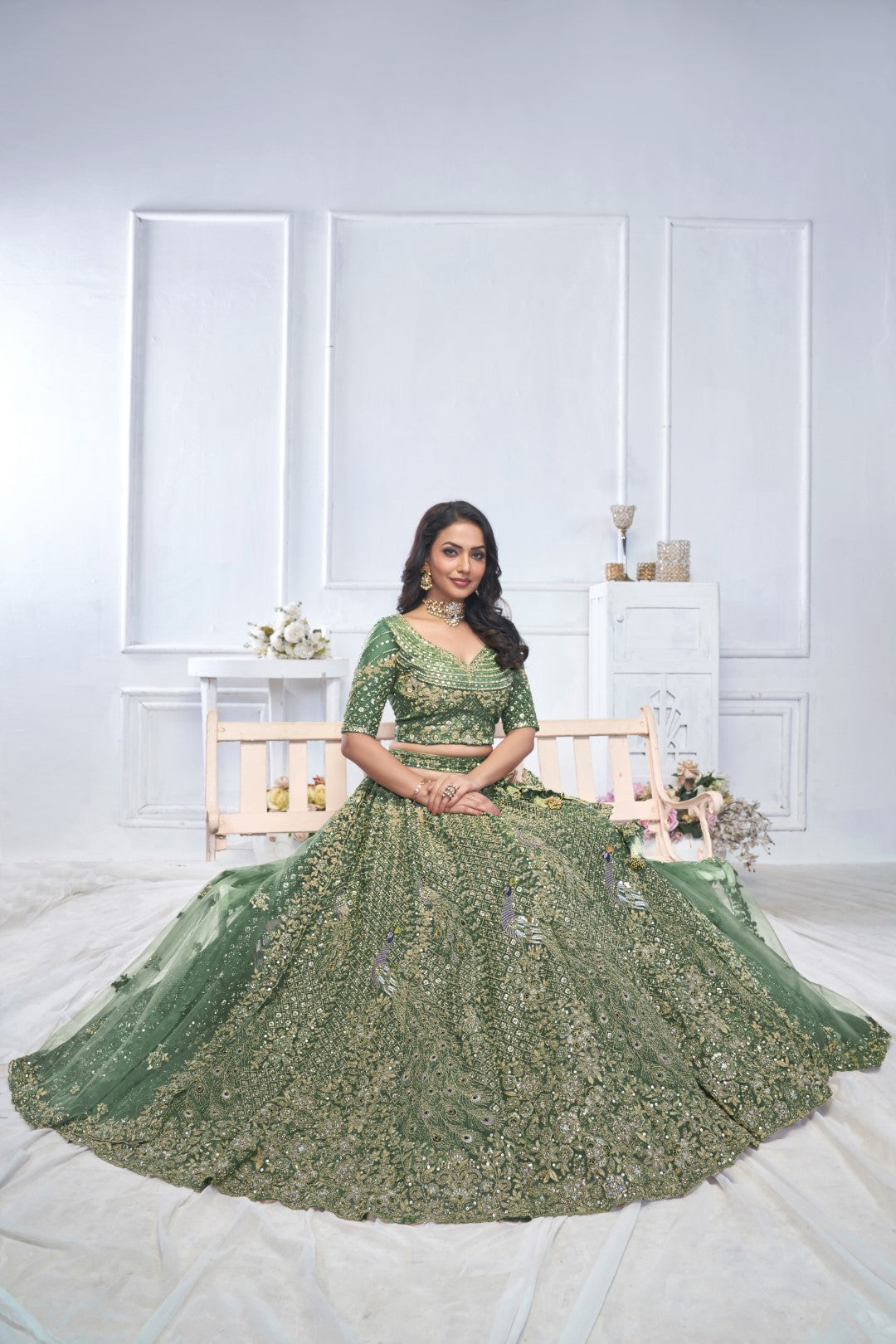 Women's Green Soft Net Embroidery Lehenga Set - Kesar Fab