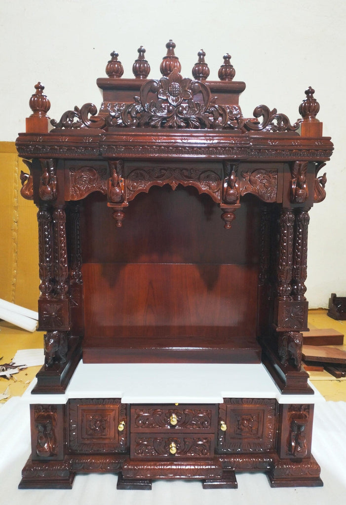 Teak Wood Pooja Mandir with White Base