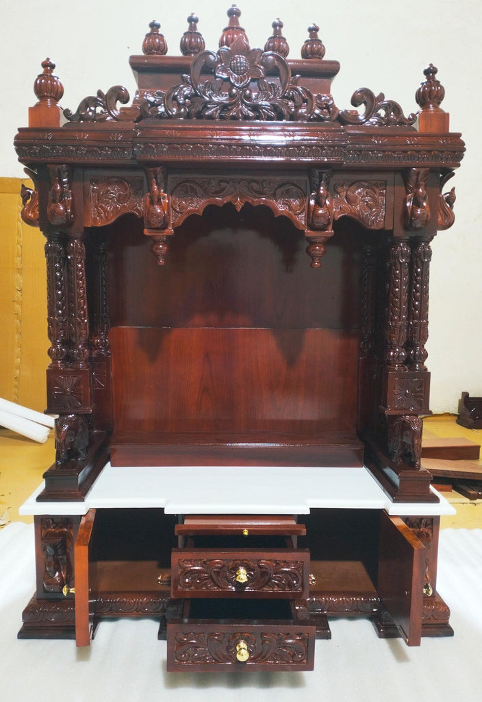 Teak Wood Pooja Mandir with White Base