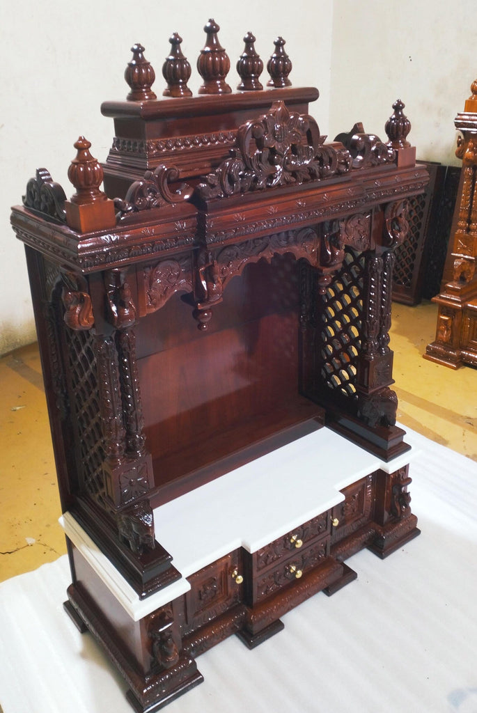 Teak Wood Pooja Mandir with White Base