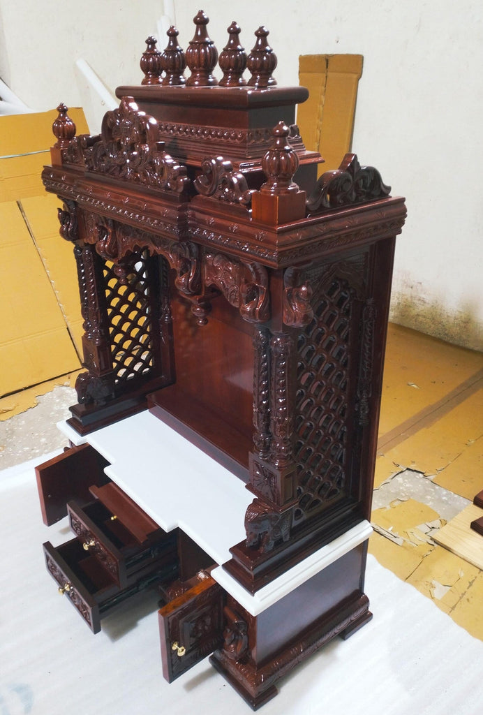 Teak Wood Pooja Mandir with White Base