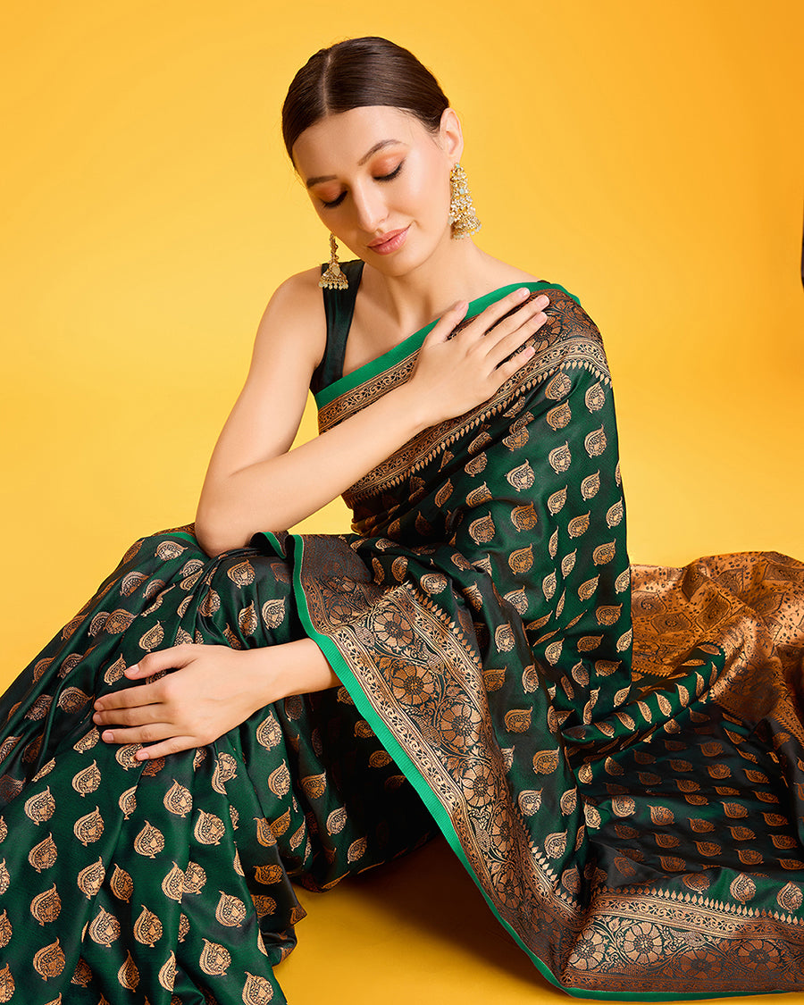 Women's Dark Green Banarasi Silk Zari Woven Silk Saree - Monjolika Fashion