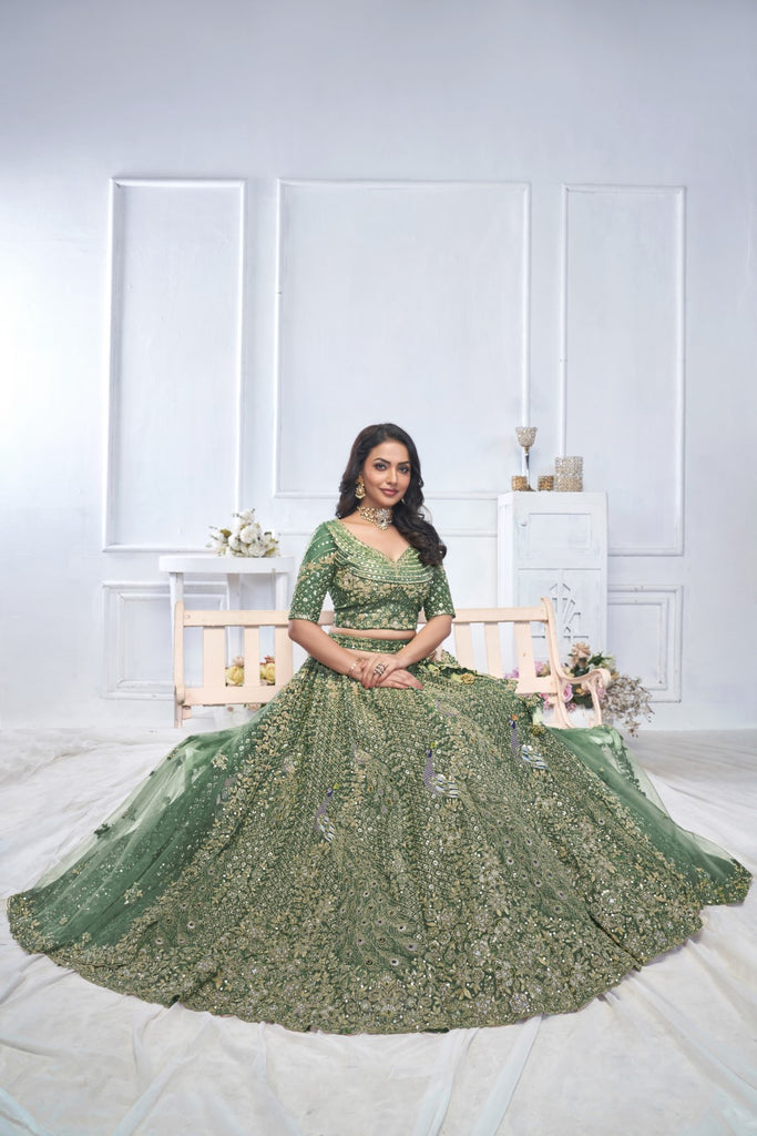 Women's Green Soft Net Embroidery Lehenga Set