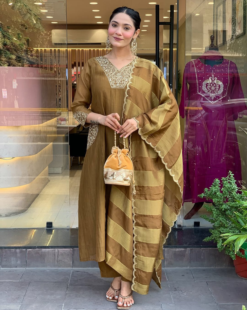 Women's Mehendi Embroidered Kurta With Pant And Duppata Set
