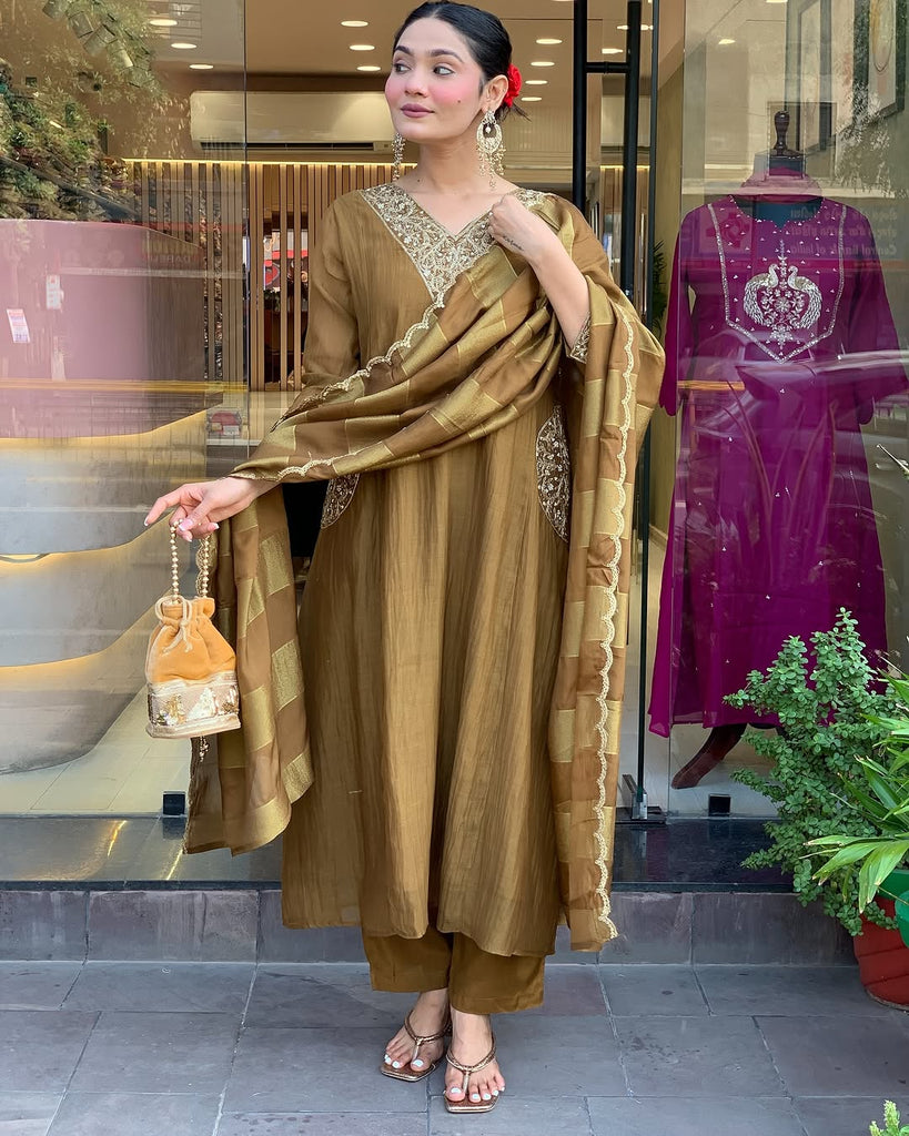 Women's Mehendi Embroidered Kurta With Pant And Duppata Set