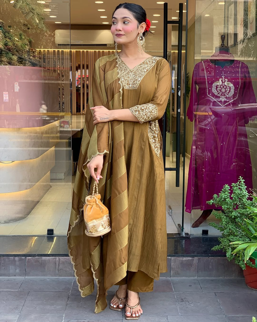 Women's Mehendi Embroidered Kurta With Pant And Duppata Set