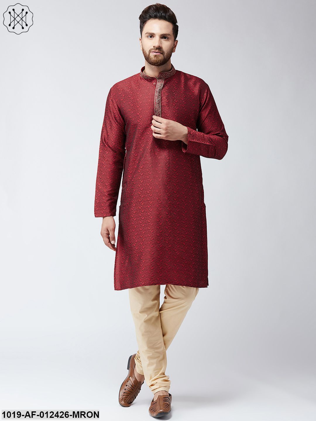 Men's Silk Maroon Kurta And Beige Pyjama Set - Sojanya USA