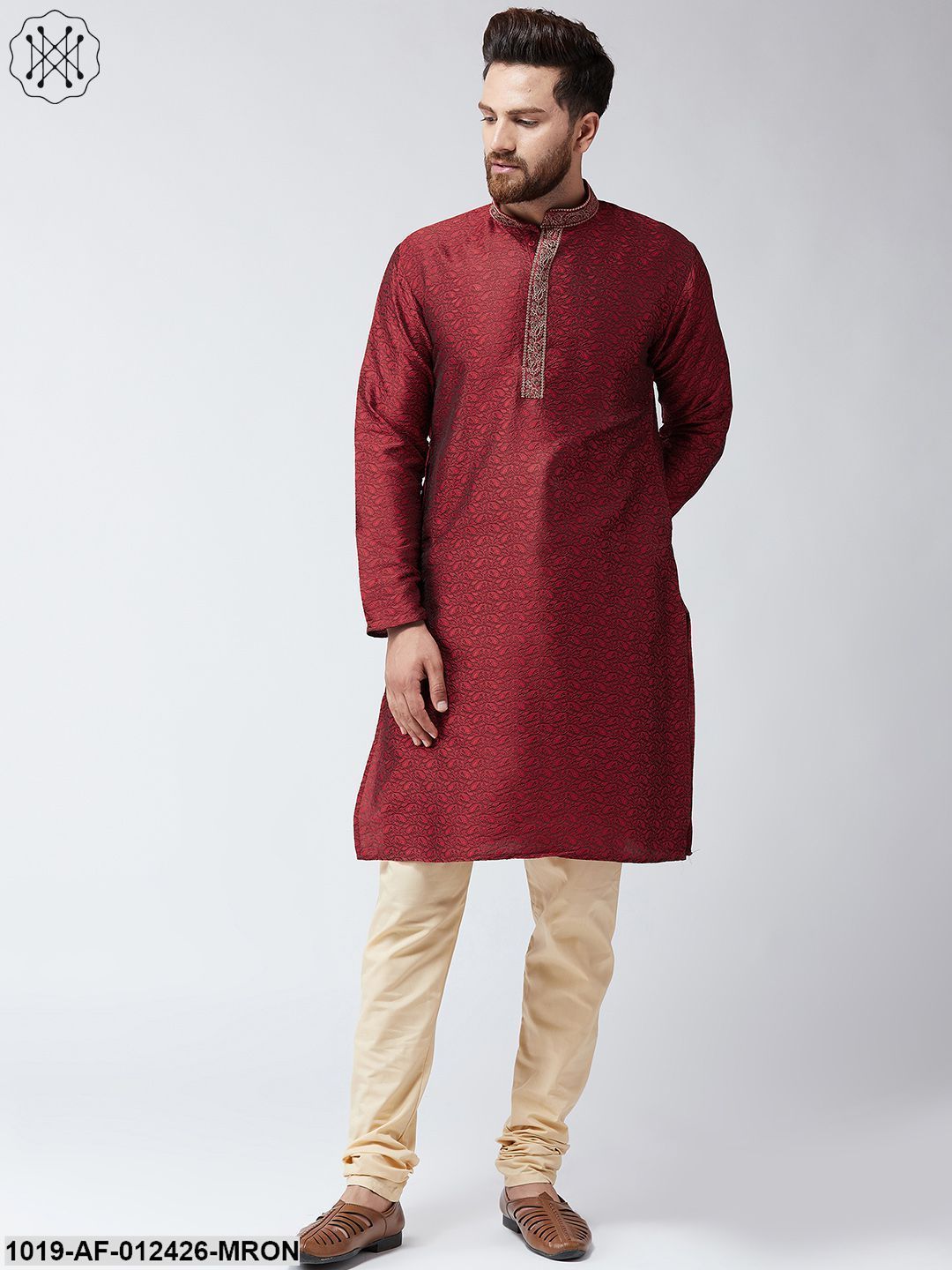 Men's Silk Maroon Kurta And Beige Pyjama Set - Sojanya USA