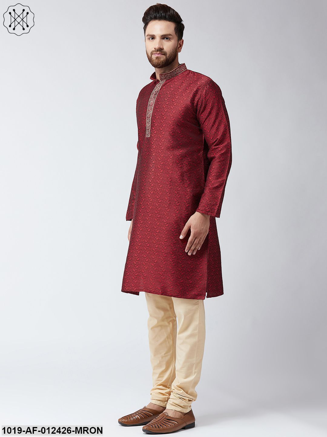 Men's Silk Maroon Kurta And Beige Pyjama Set - Sojanya USA