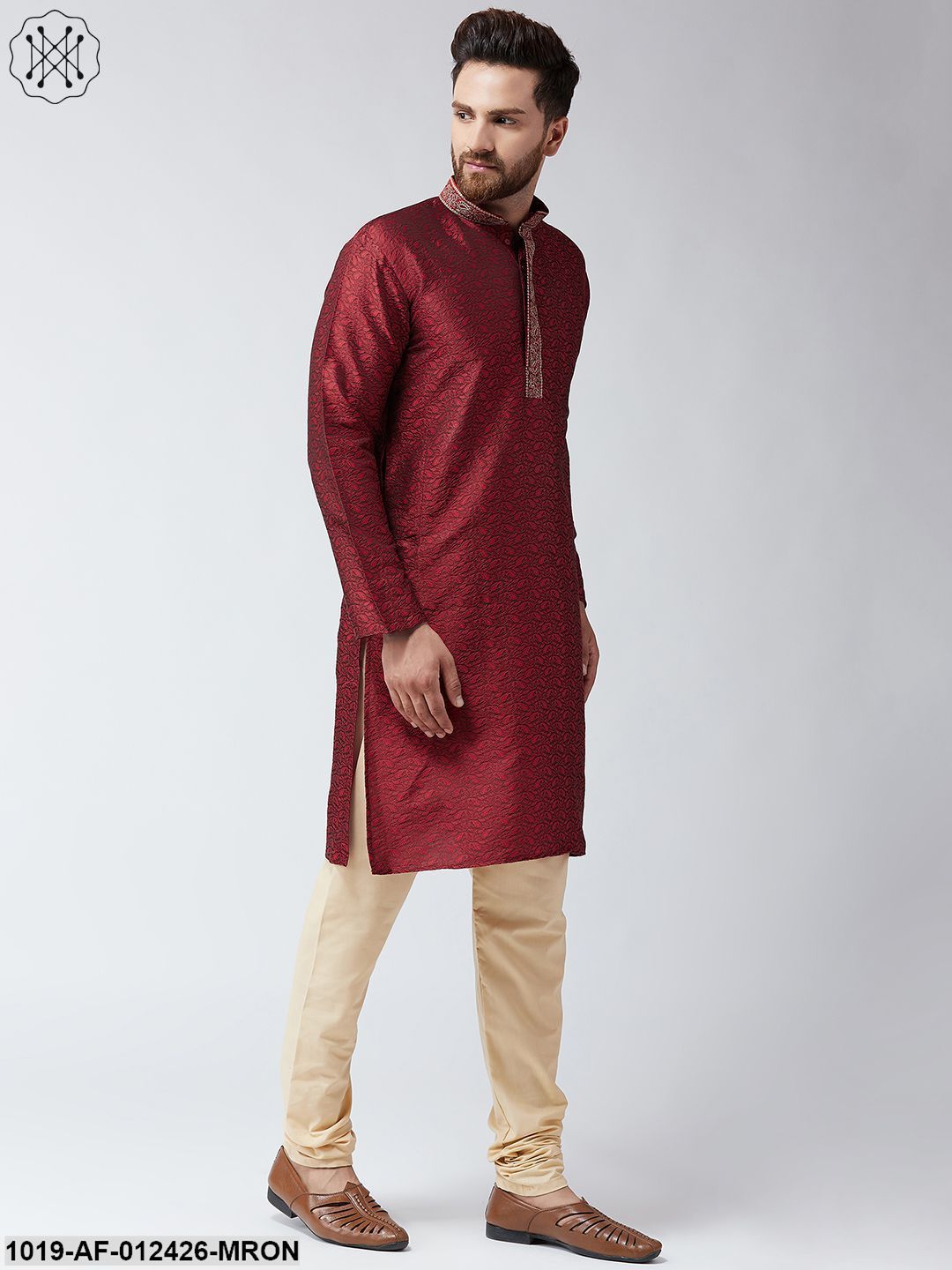 Men's Silk Maroon Kurta And Beige Pyjama Set - Sojanya USA