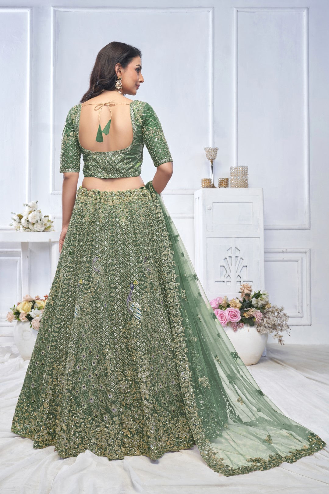 Women's Green Soft Net Embroidery Lehenga Set - Kesar Fab